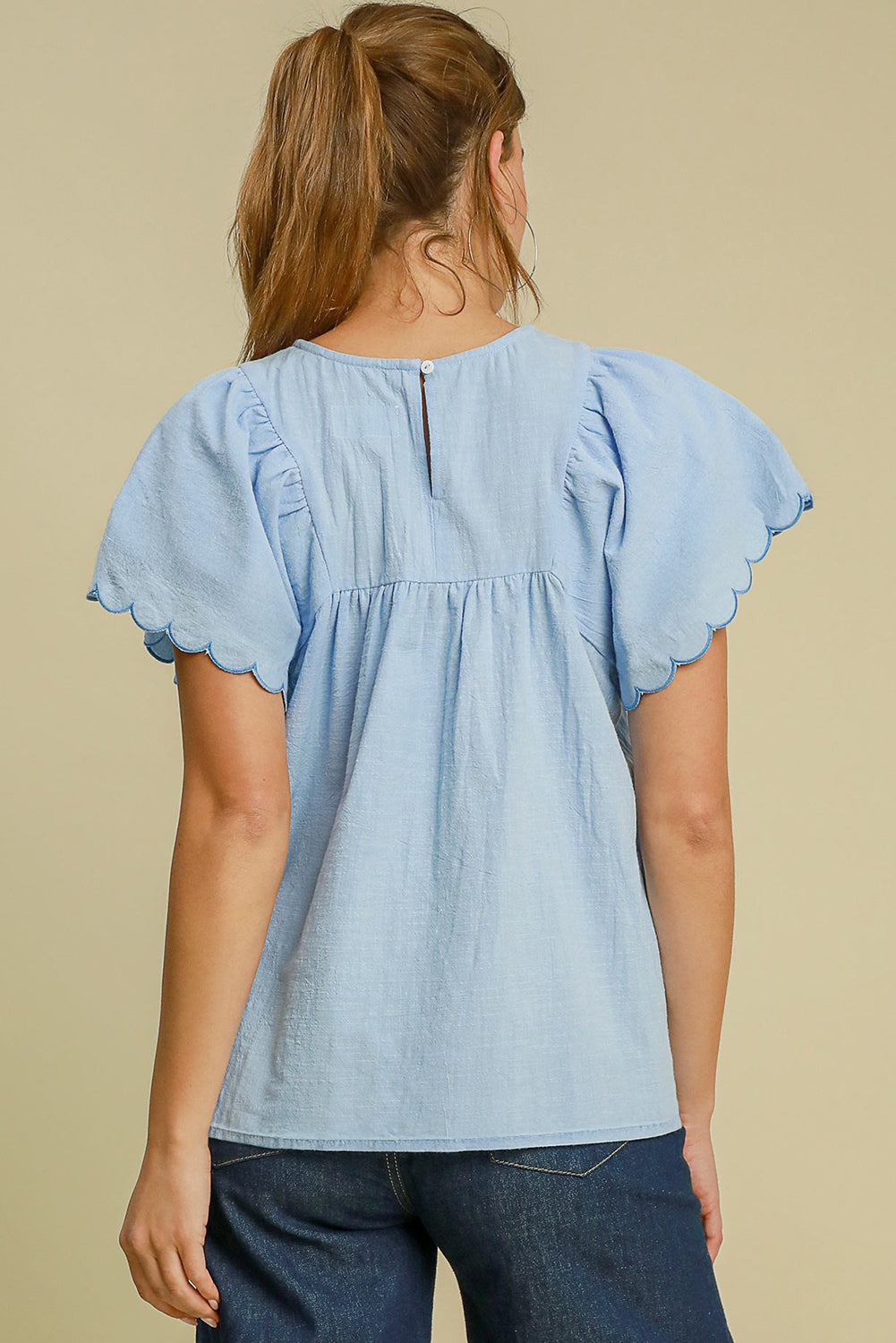 Beau Blue Solid Colour Embroidered Scalloped Sleeves Crew Neck Blouse eAura