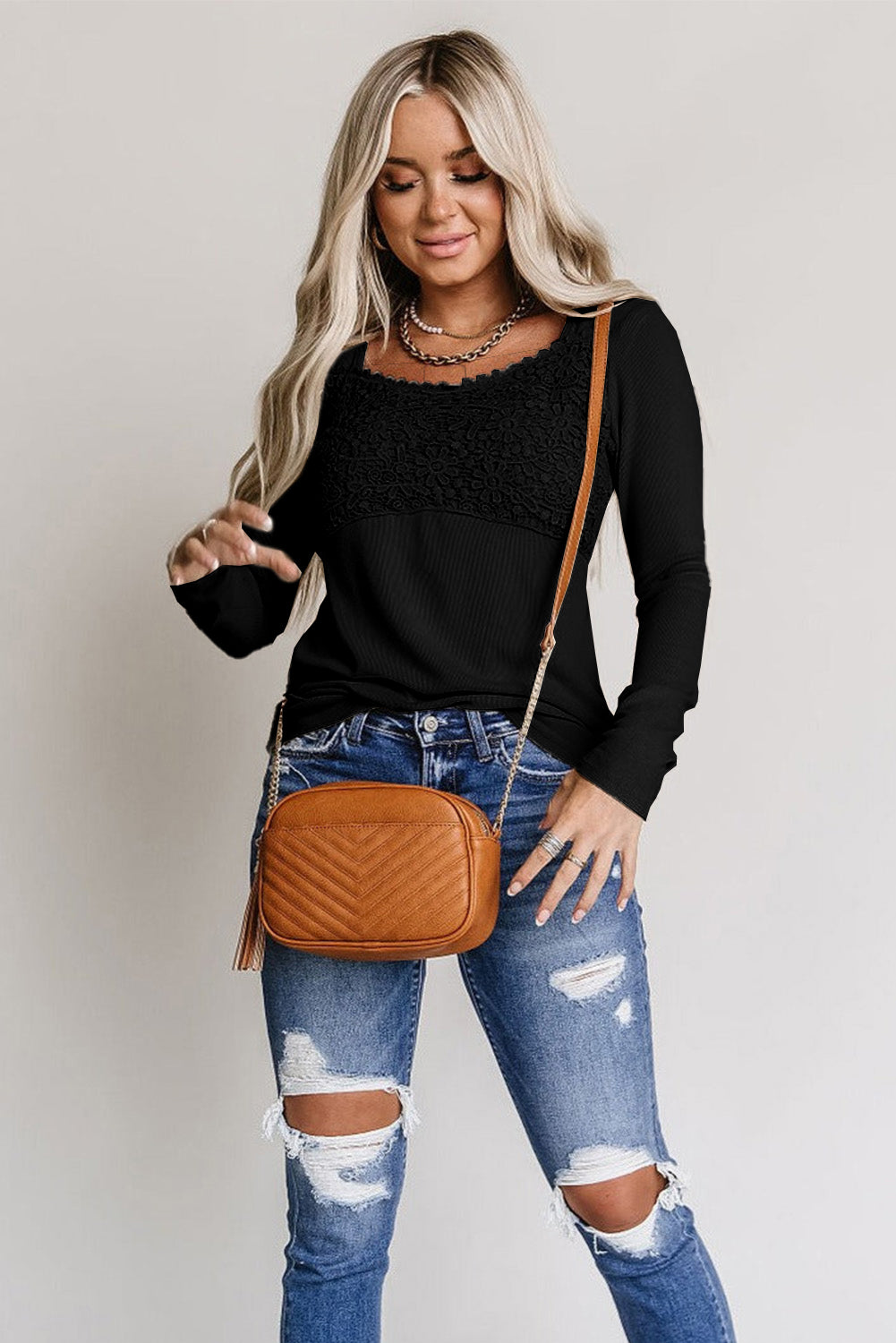 Lace Crochet V Neck Long Sleeve Top eAura