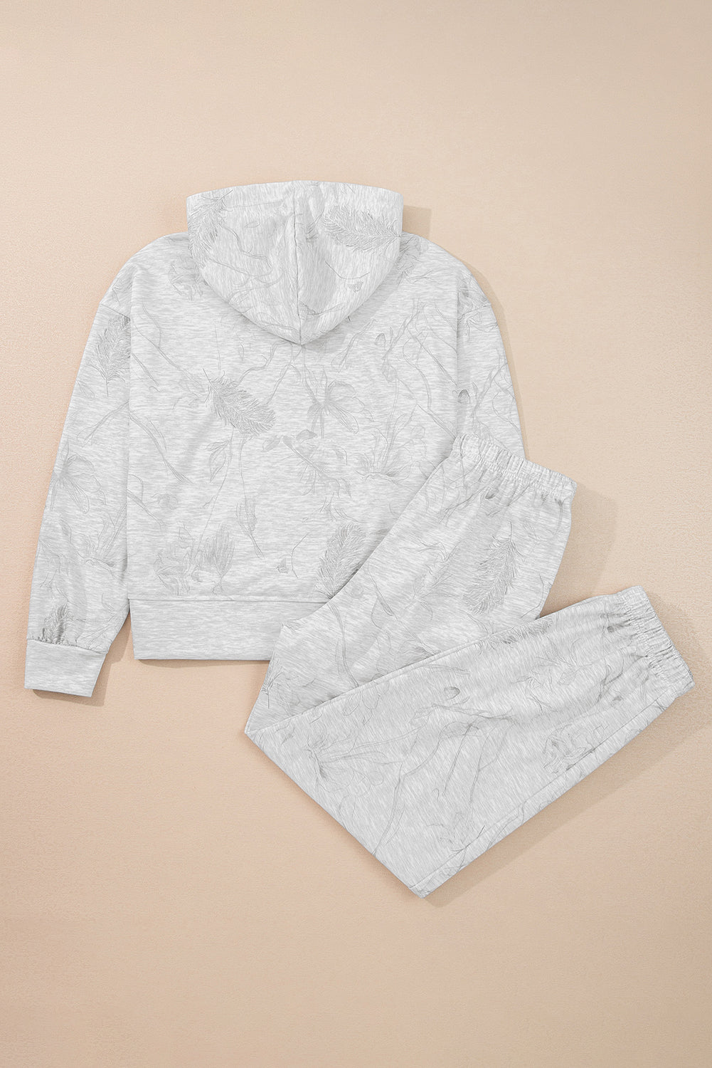 Light Grey Abstract Print Loose Drop Sleeve Hoodie Elastic Waistband 2pcs Pant Set - Two Piece Sets/Pant Sets