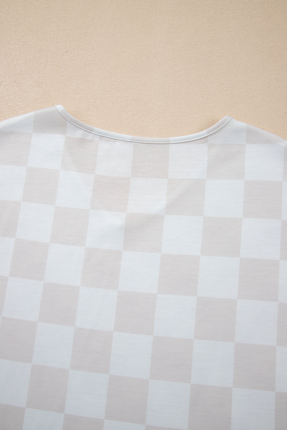 Beige Checkered V Neck Tee Drawstring Shorts Lounge Set eAura