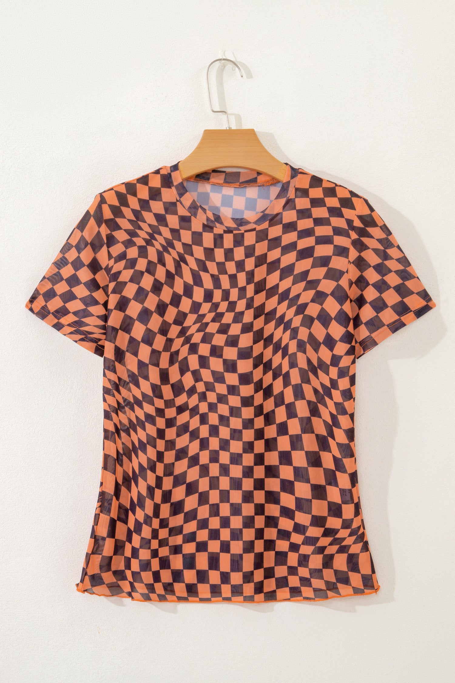 Checkered Print Crew Neck Mesh T-Shirt – Orange, Khaki, Black & Purple