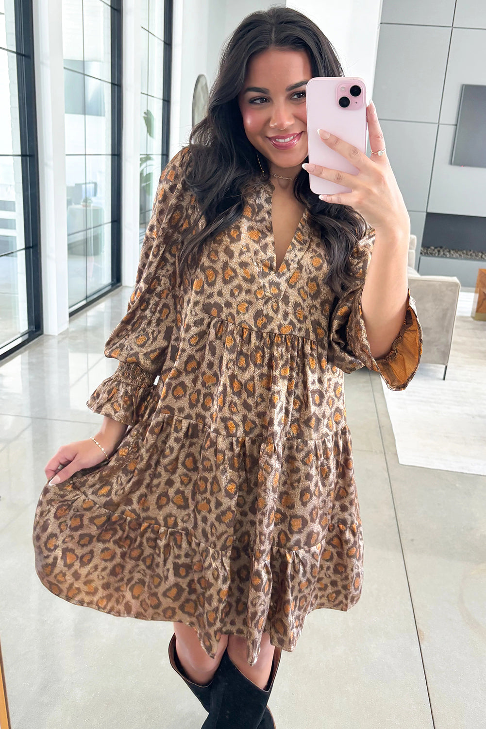 Khaki Leopard Print V-Neck Ruffled Sleeve Tiered Loose Mini Dress