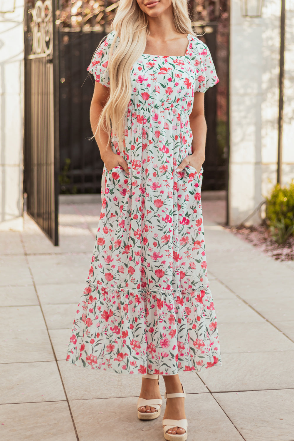 Pink Floral Puff Sleeve Square Neck Empire Waist Tiered Maxi Dress eAura