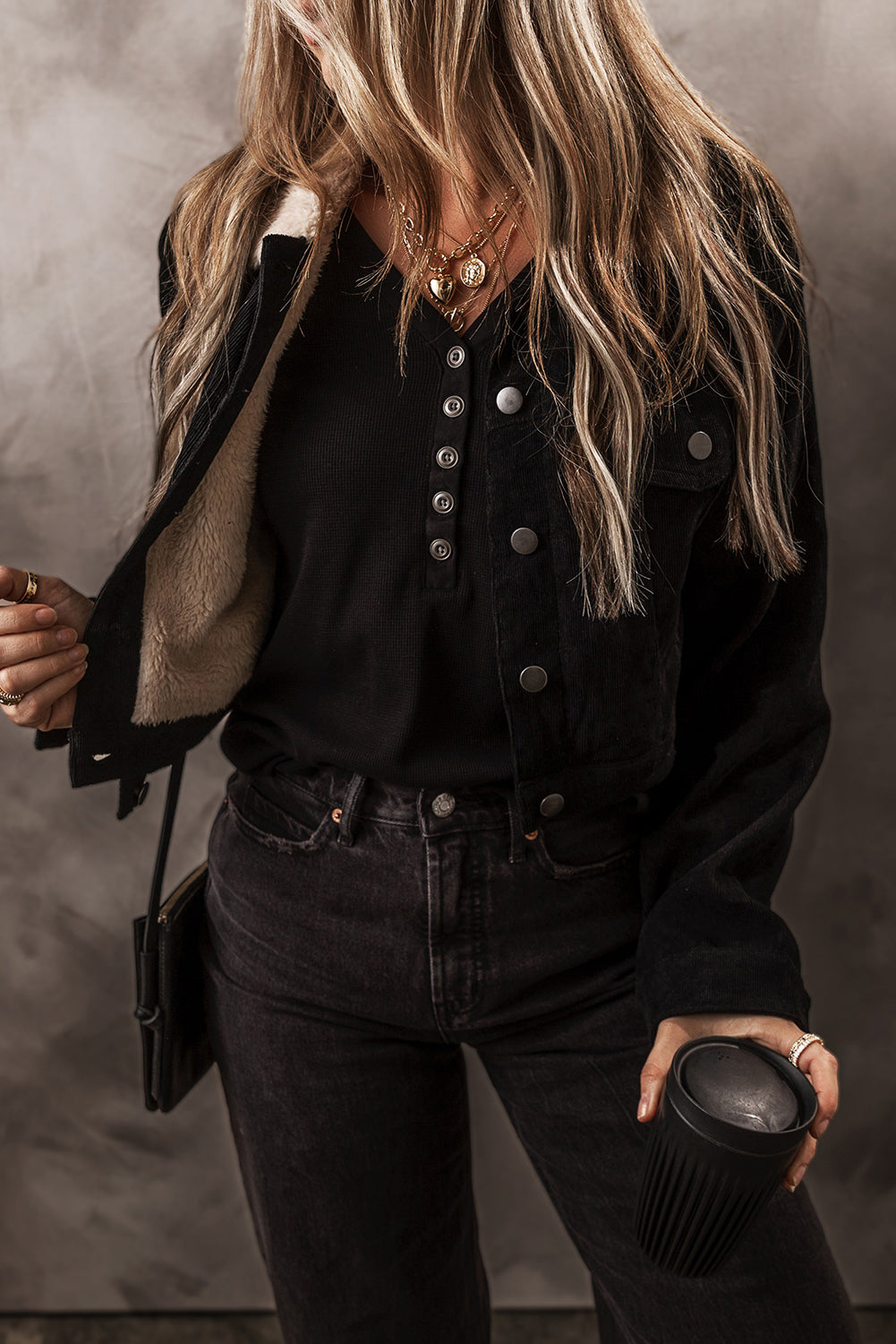 Black Fleece Lined Button-up Collared Corduroy Crop Jacket eAura