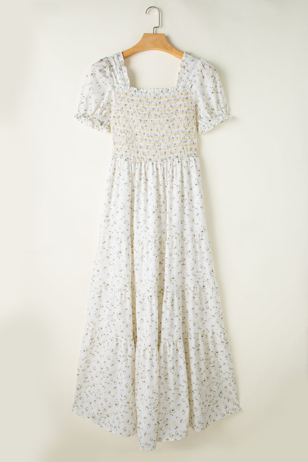 White Frilly Shirred Bodice Tiered Floral Maxi Dress eAura