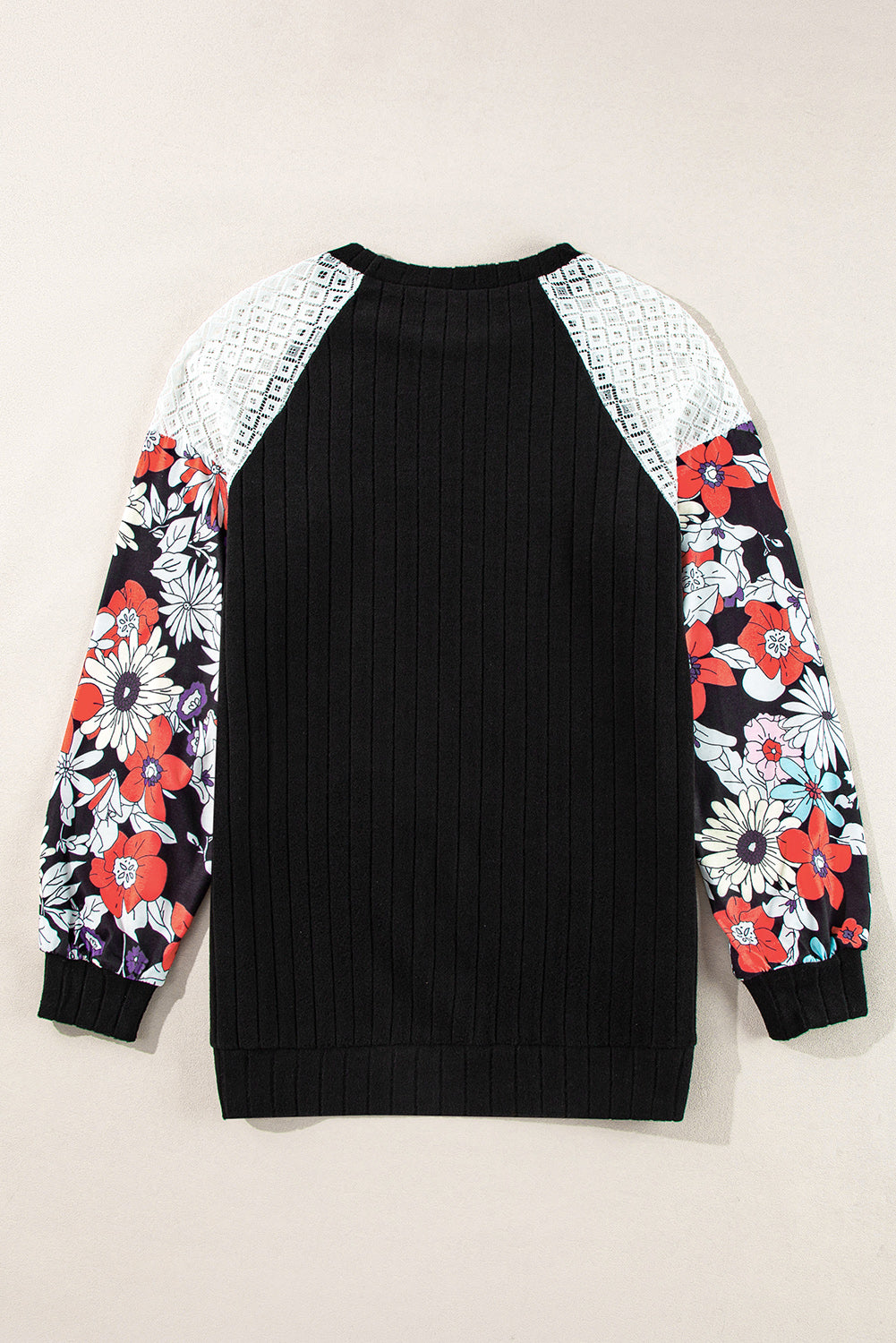 Black Floral Patchwork Long Sleeve Ribbed Blouse - eAura