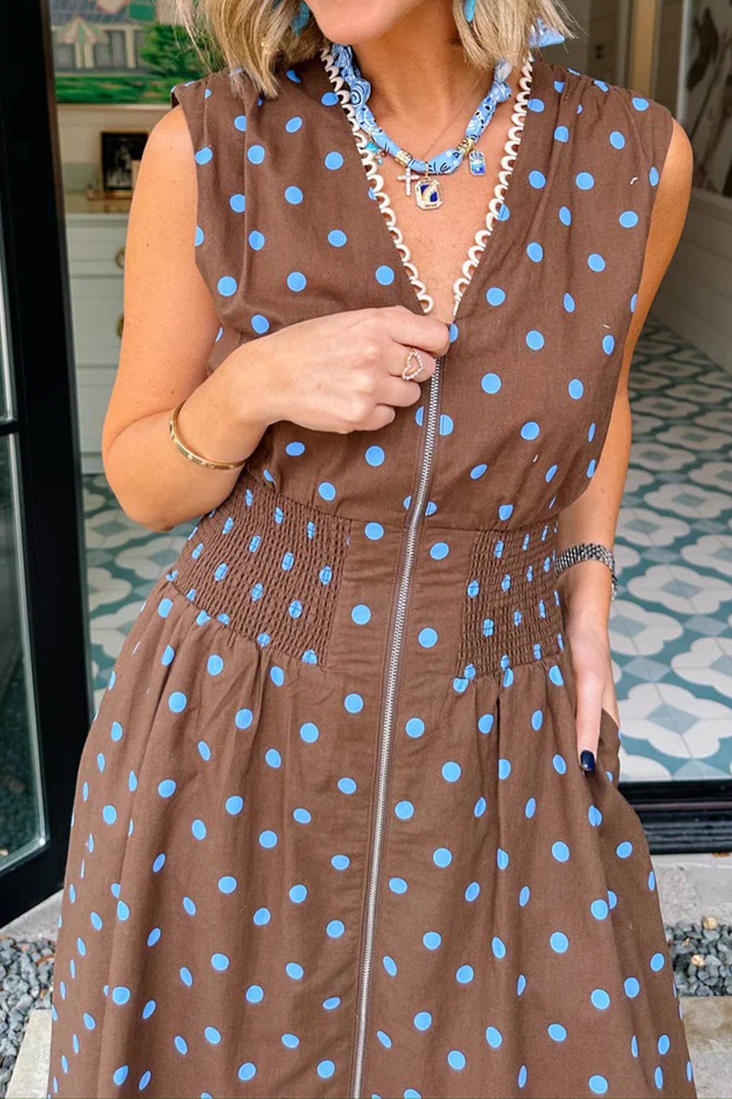 Polka Dot Print Contrast Trim V-Neck Zip-Up Sleeveless Dress