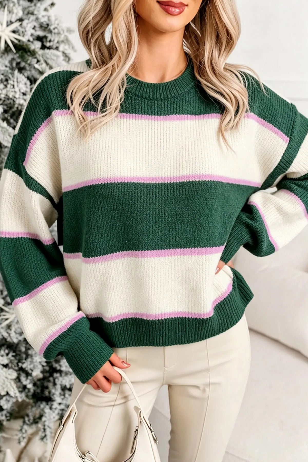 Blackish Green Striped Color Block Knit Dropped Shoulder Loose Pullover Sweater