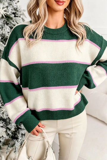Blackish Green Striped Color Block Knit Dropped Shoulder Loose Pullover Sweater
