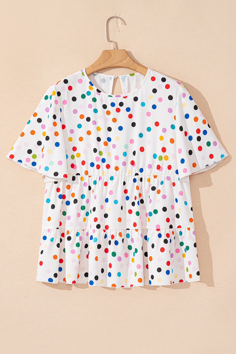 White Colourful Polka Dot Short Sleeve Tiered Ruffled Babydoll Blouse eAura