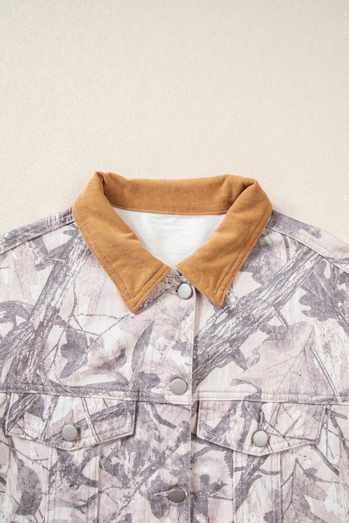 Abstract Camo Print Colourblock Collar Oversized Shift Silhouette Denim Jacket – Grey