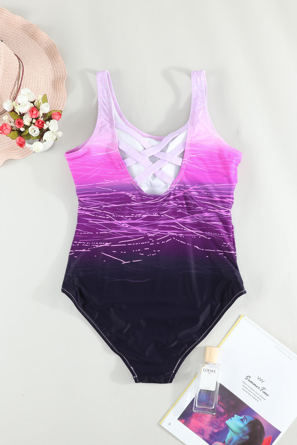 Purple Gradient Criss Cross Back One Piece Swimsuit eAura