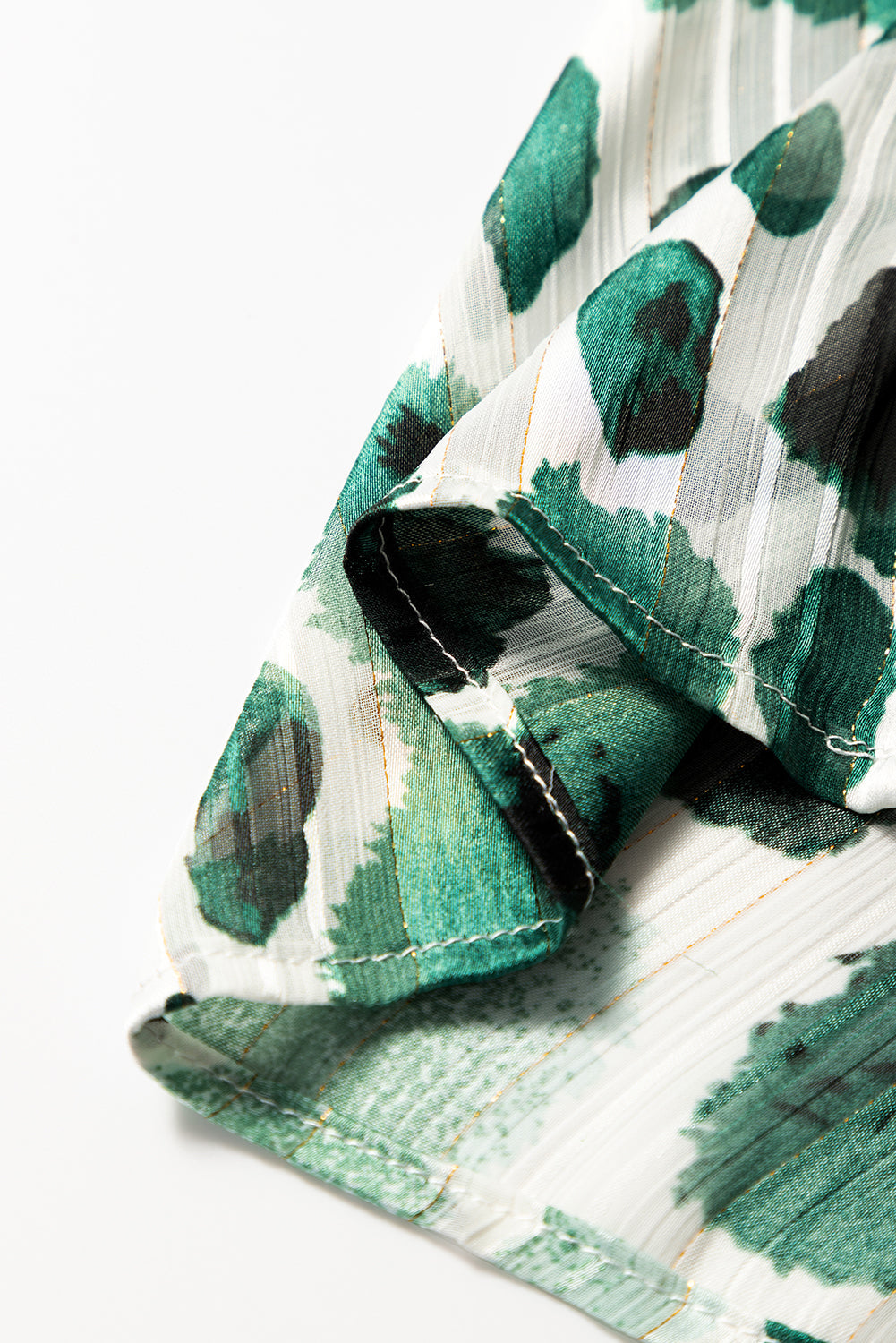 Green Metallic Threading Accents Pleated Abstract Printed Ruffled 3/4 Sleeve Blouse BB Fashion Outlet