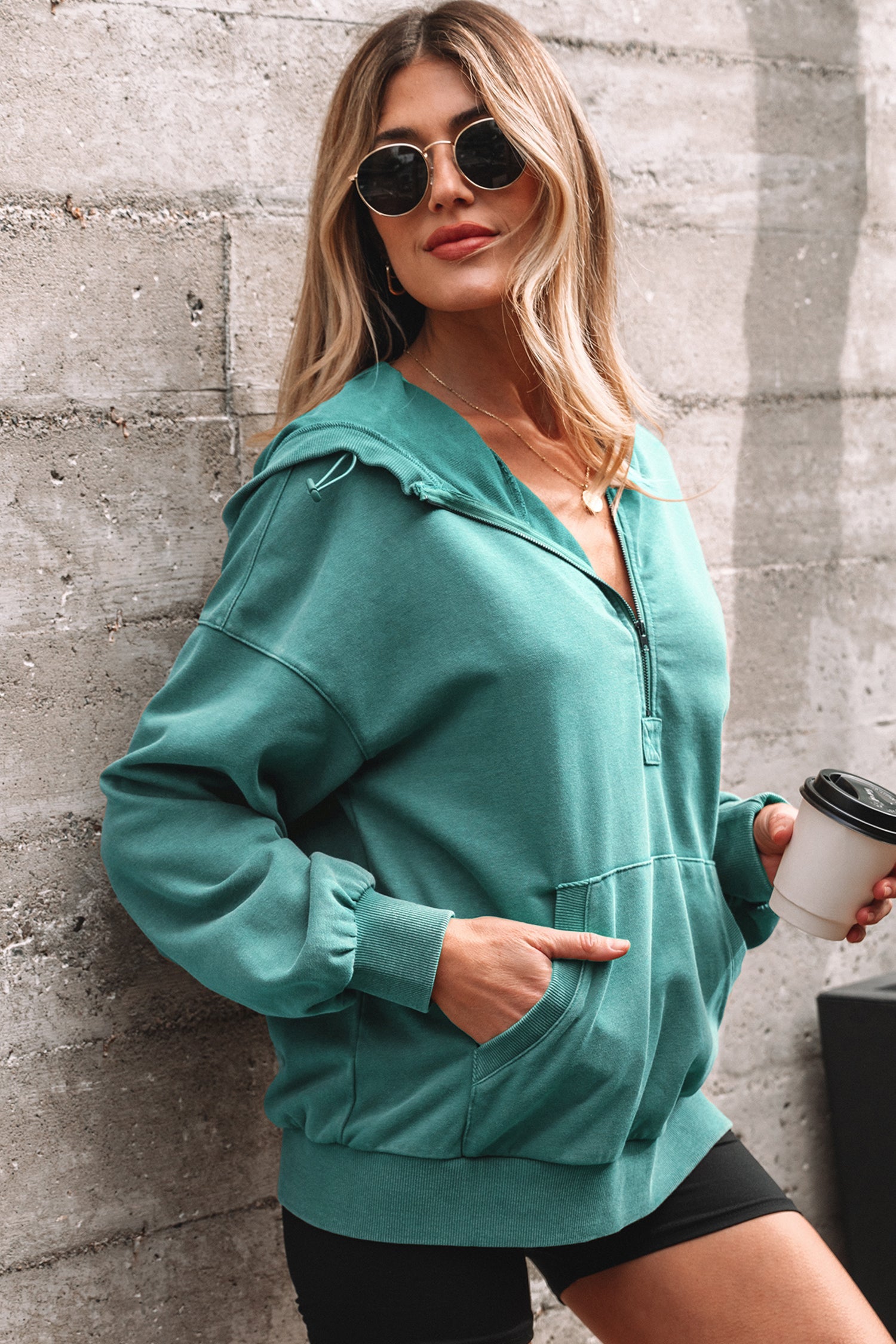 Half Zip Kangaroo Pocket Mineral Wash Baggy Hoodie - Tops/Sweatshirts & Hoodies