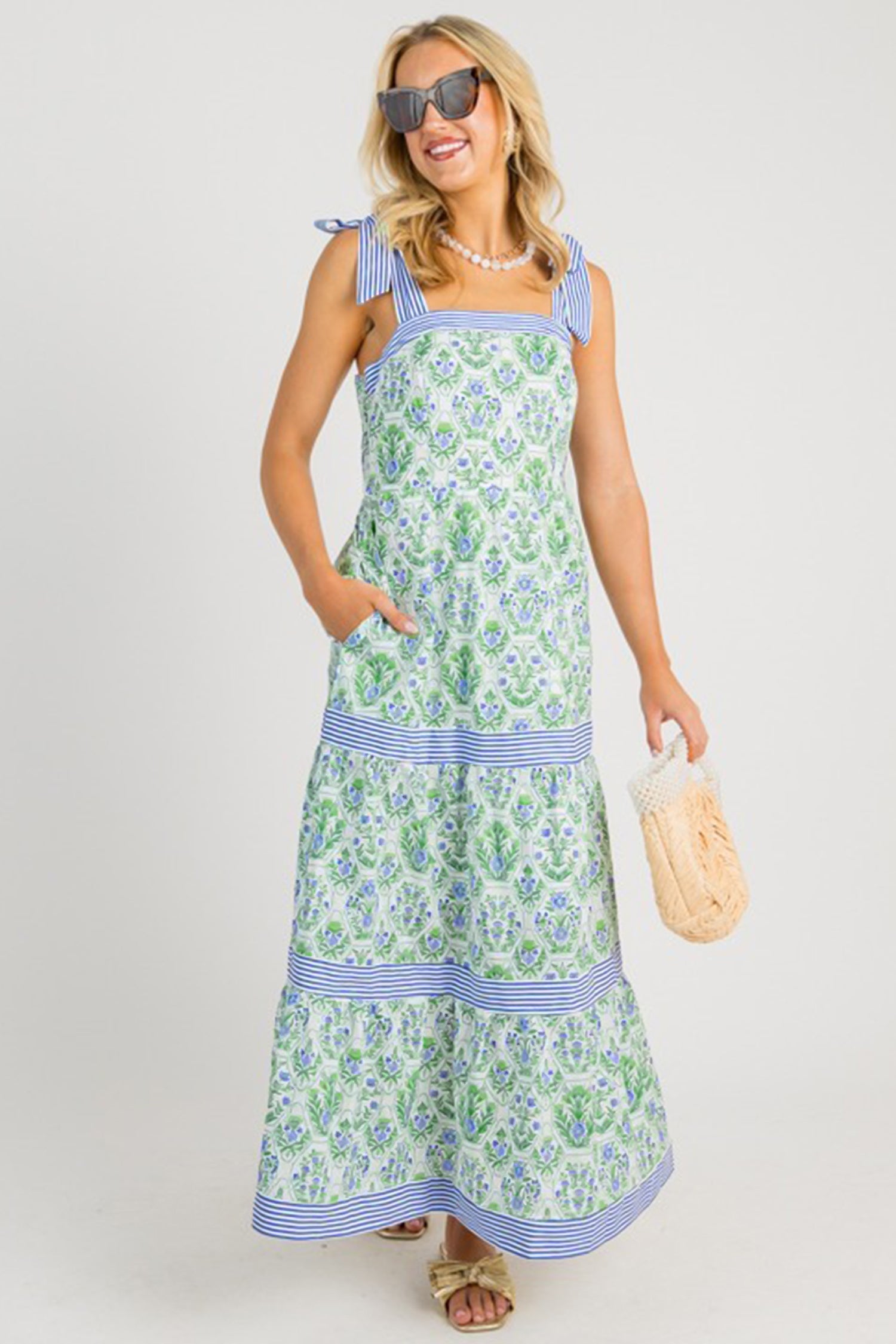 Pink Geometric Floral Print Striped Patchwork Sleeveless Dress