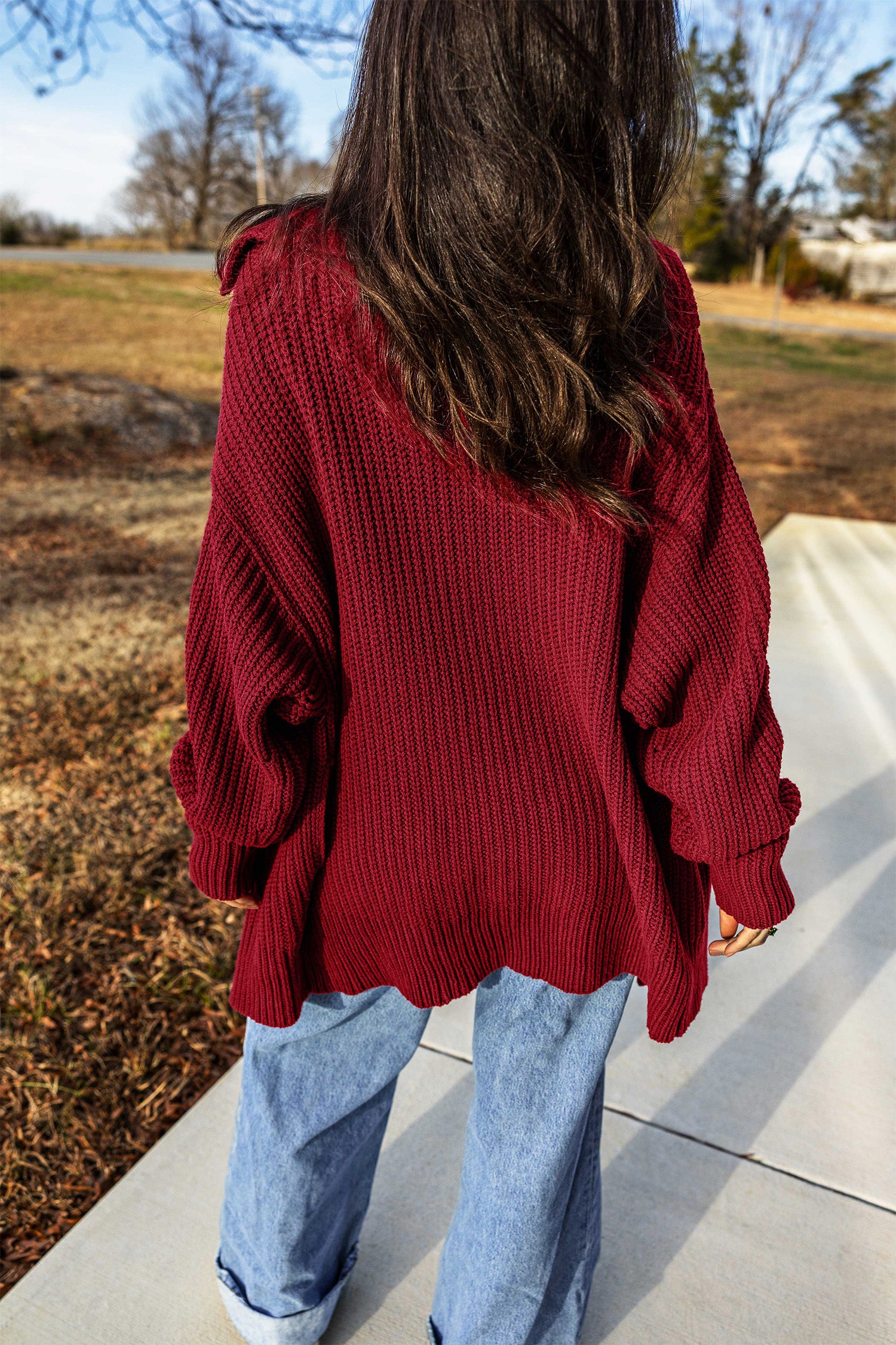 Red Dahlia Solid Color Knit Oversized Button Front Sweater Cardigan – Burgundy