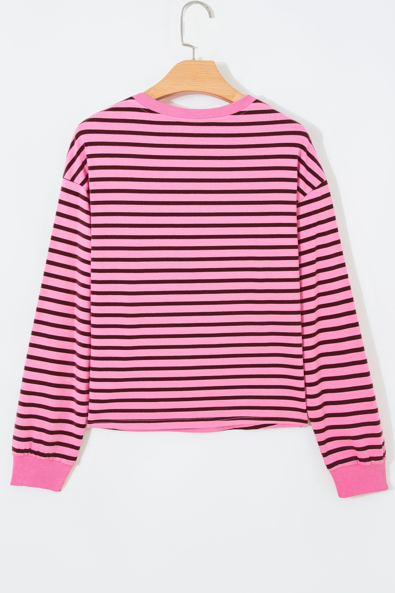 V Neck Drop Shoulder Long Sleeve Top – Pink Stripe