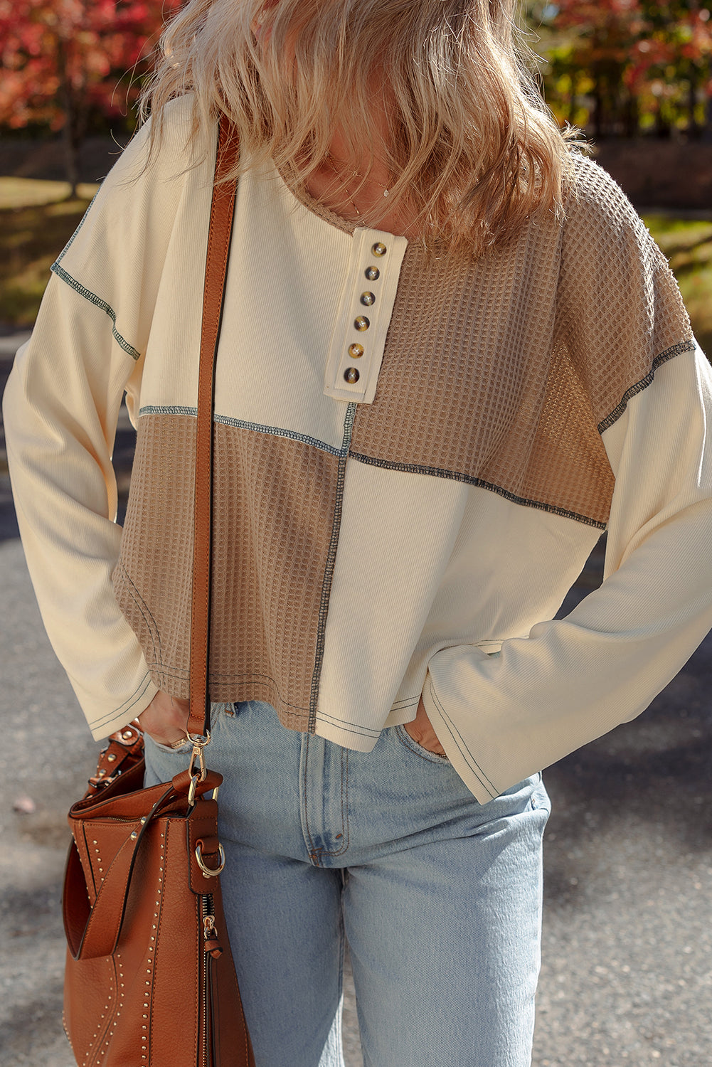Waffle Stitch Detail Long Sleeve Boxy Top - eAura