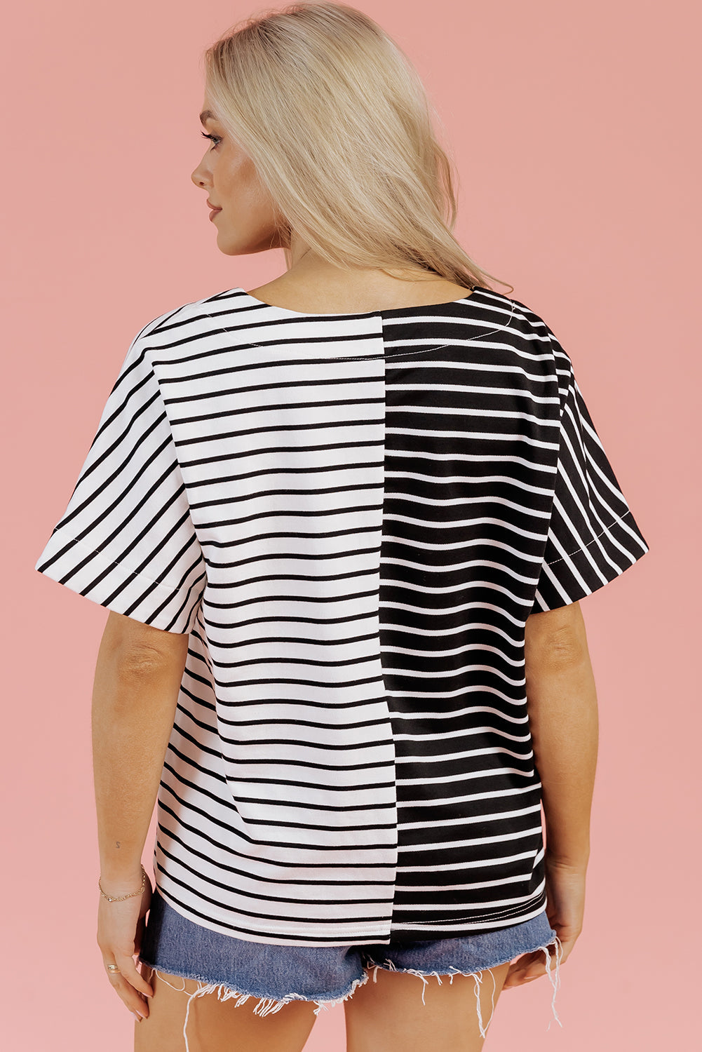Black Stripe Two Tone Colorblock V Neck T Shirt BB Fashion Outlet