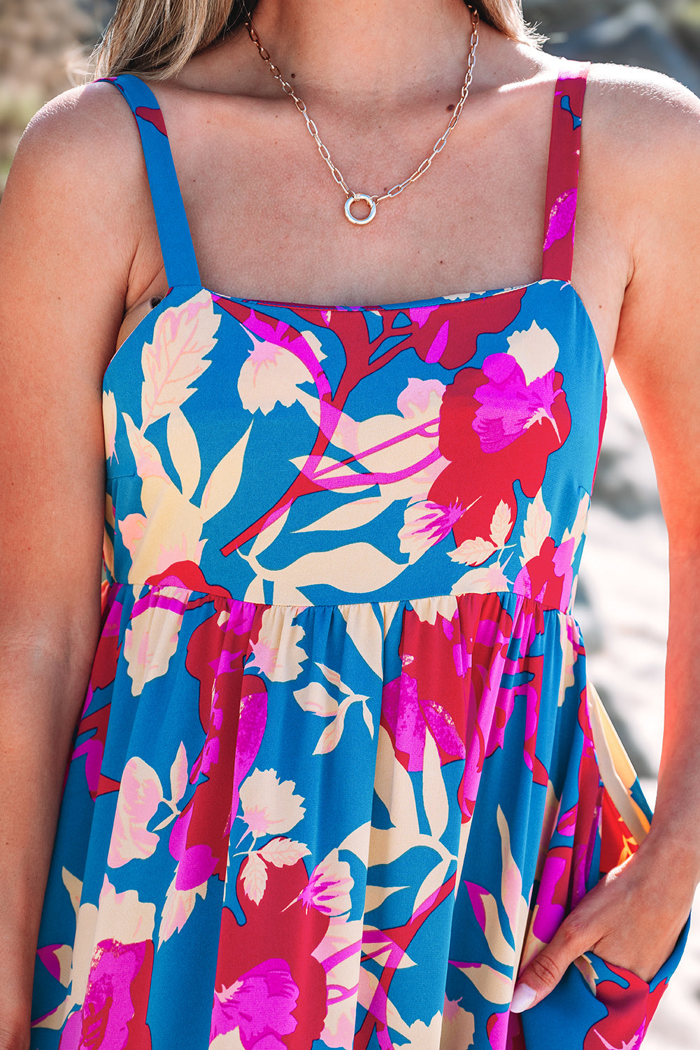 Dark Blue Floral High Waist Sleeveless Flared Long Dress eAura