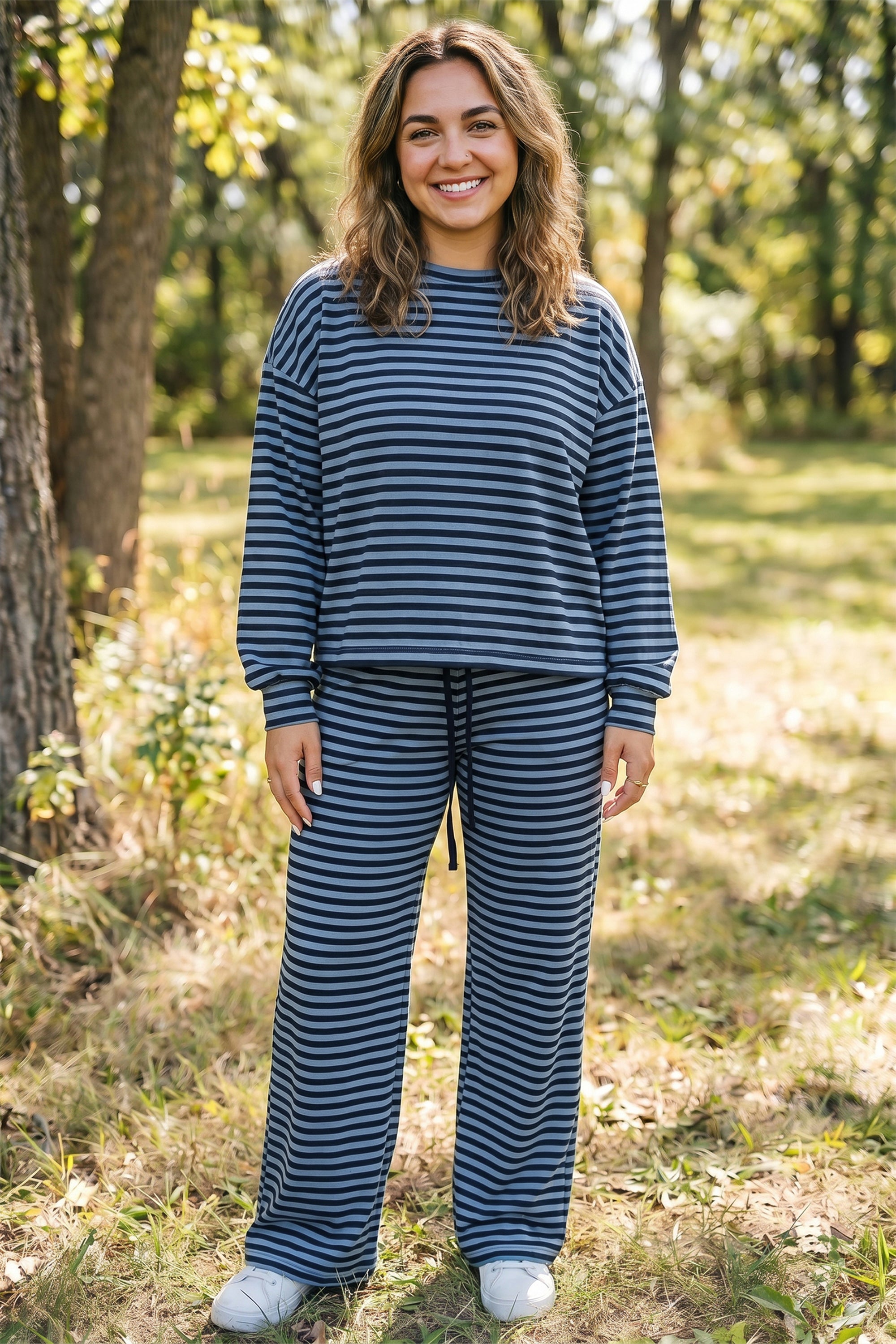 Long Sleeve Drawstring Waist Plus Size Lounge Pants Set – Blue Stripe