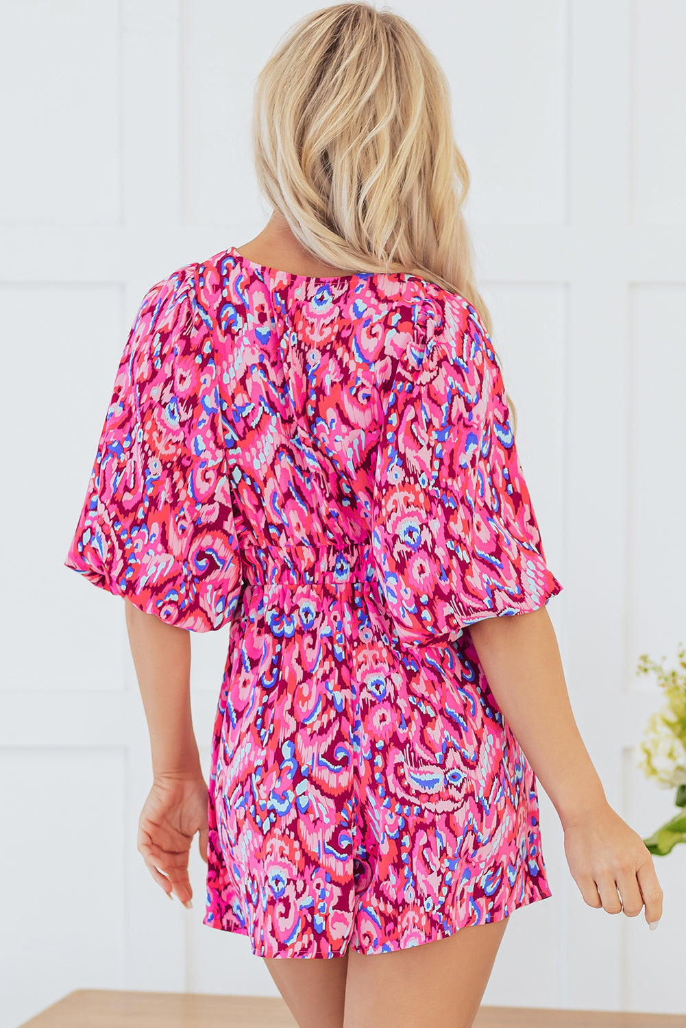 Pink Abstract Print Puff Sleeve V Neck High Waist Romper eAura