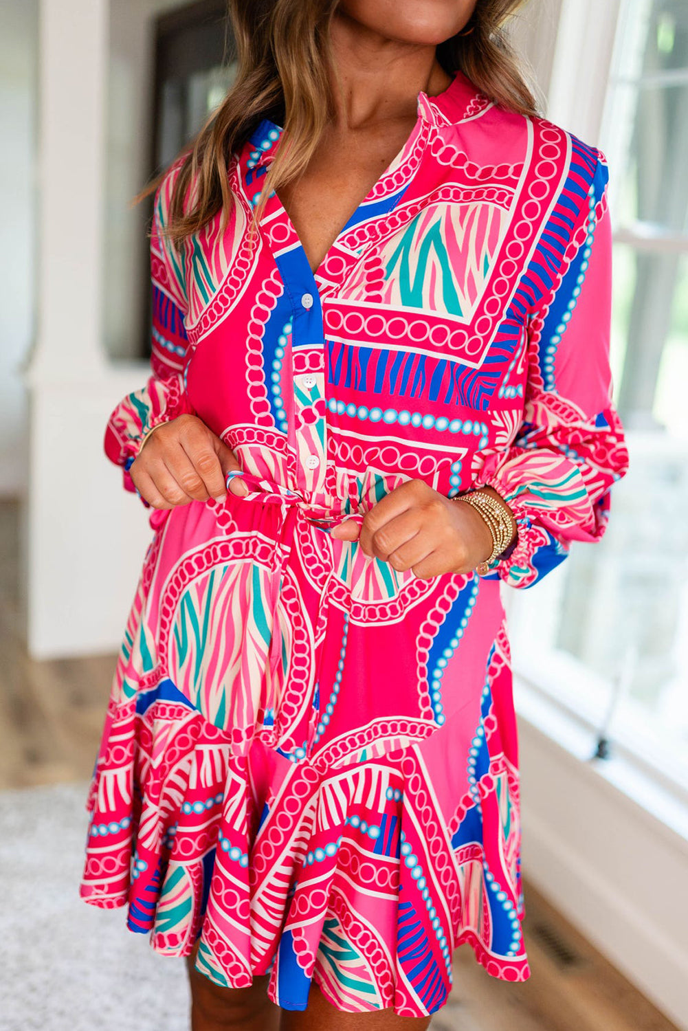 Rose Boho Abstract Printed Puff Sleeve Drawstring Waist Ruffled Mini Dress Beagle Boutique Fashion Outlet