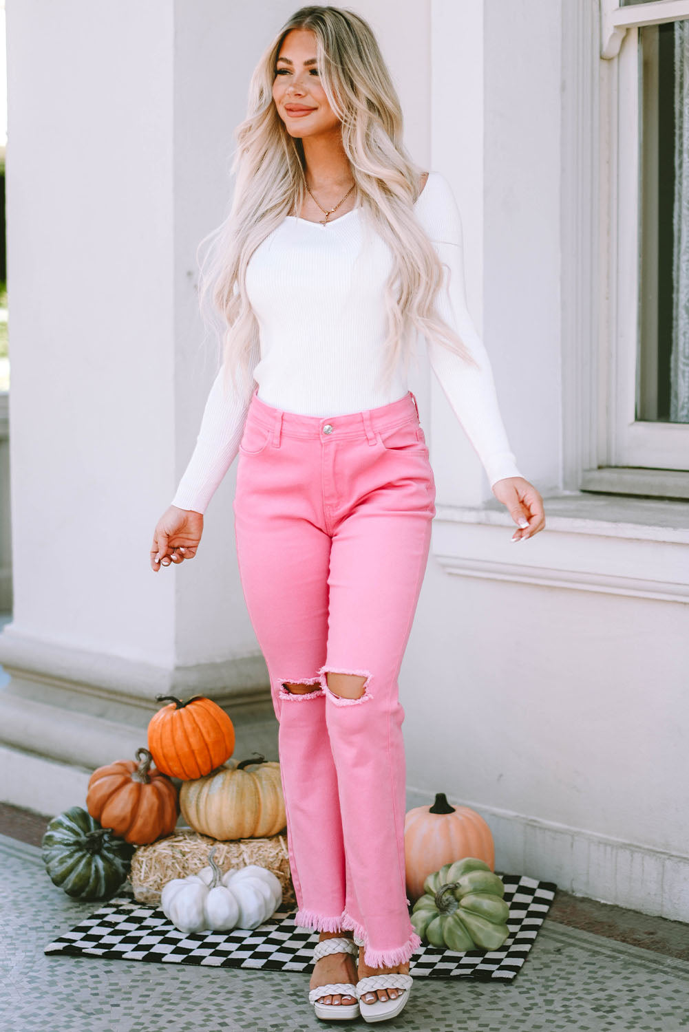 Pink Vintage High Waist Flare Leg Ripped Raw Hem Jeans Beagle Boutique Fashion Outlet