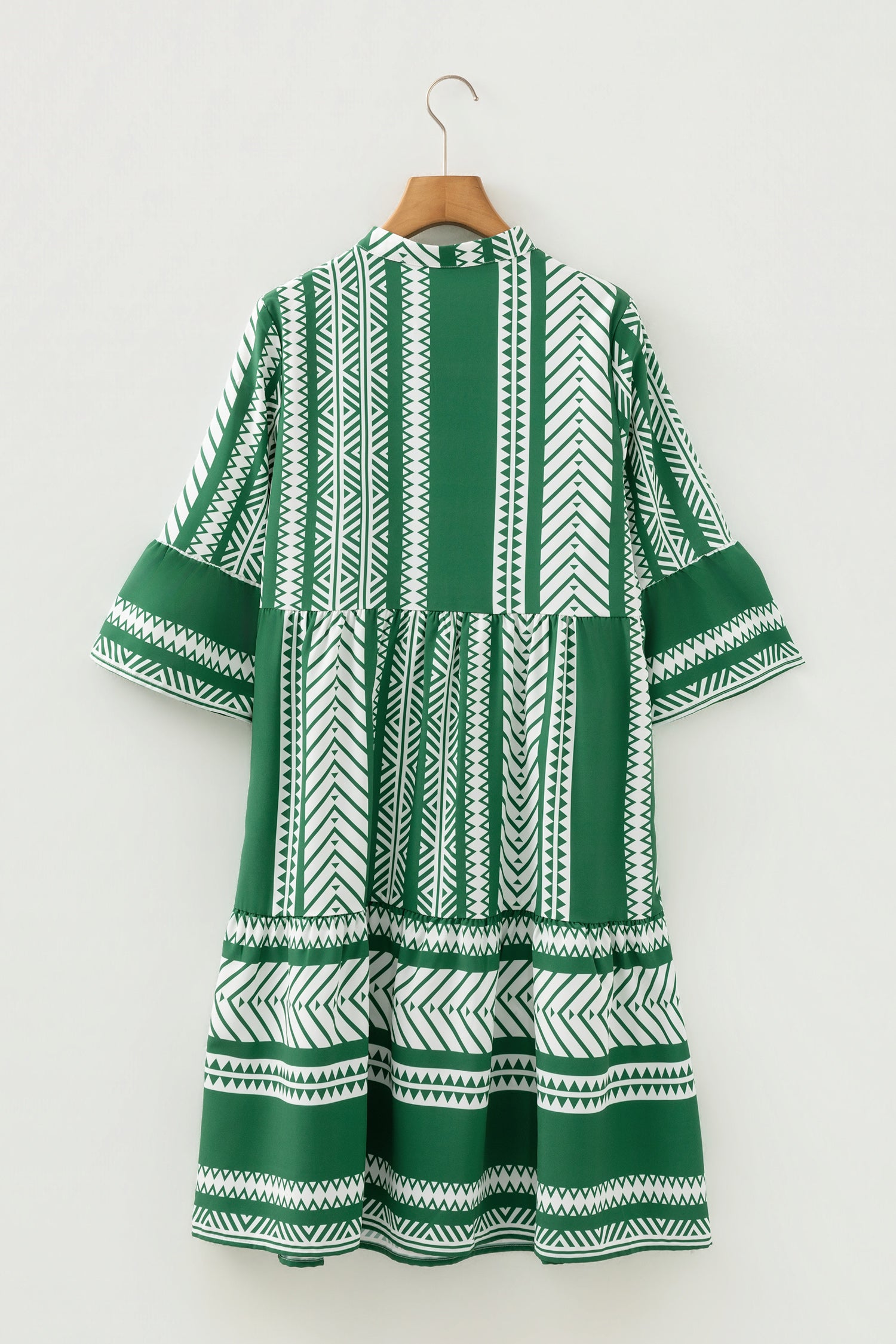 Green Boho Ethnic Print Half Button 3/4 Sleeve Casual Dress