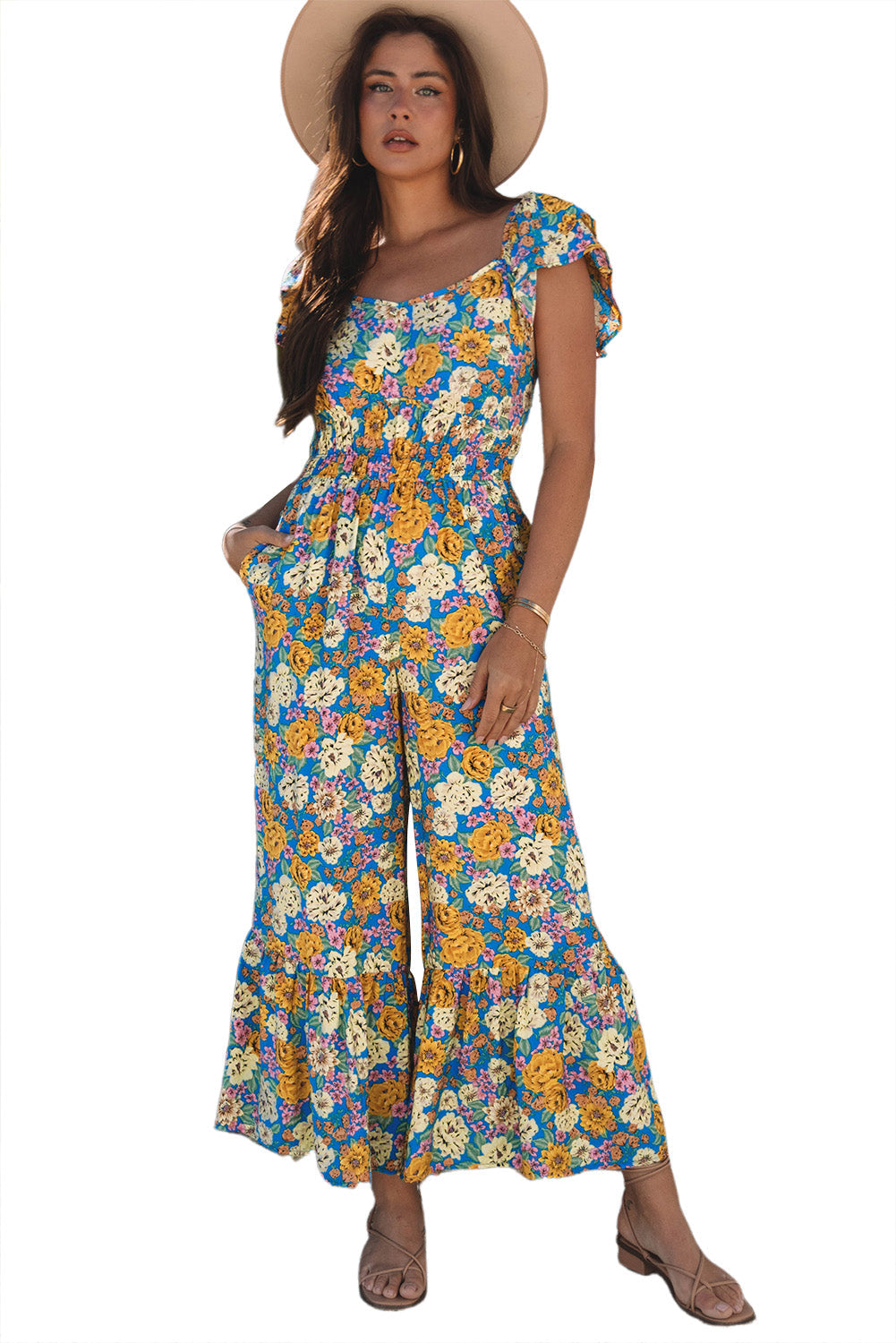 Yellow Floral Allover Print Shirred Cut Out High Waist Jumpsuit eAura