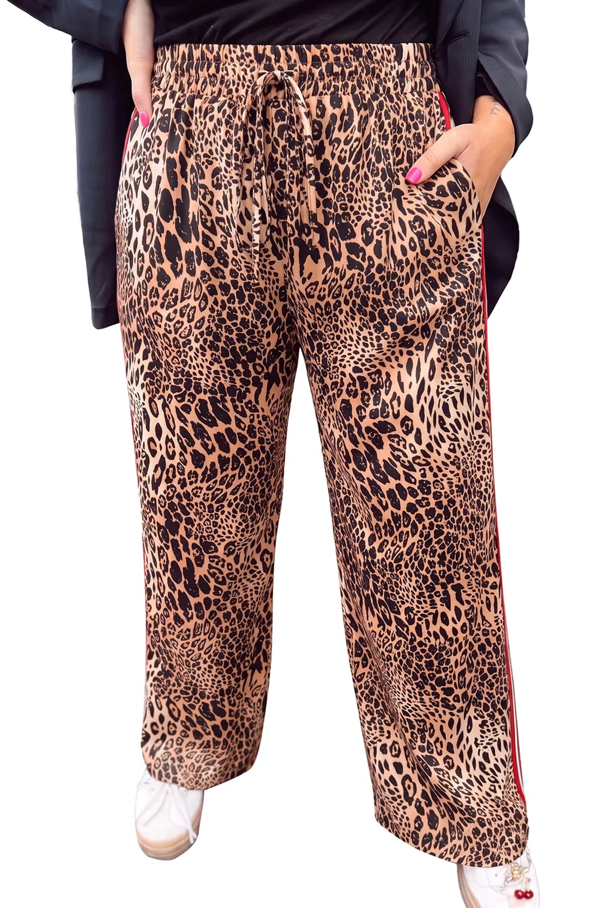 Leopard Print Colourblock Side Stripes Wide Leg Full Length Plus Size Pants – Khaki