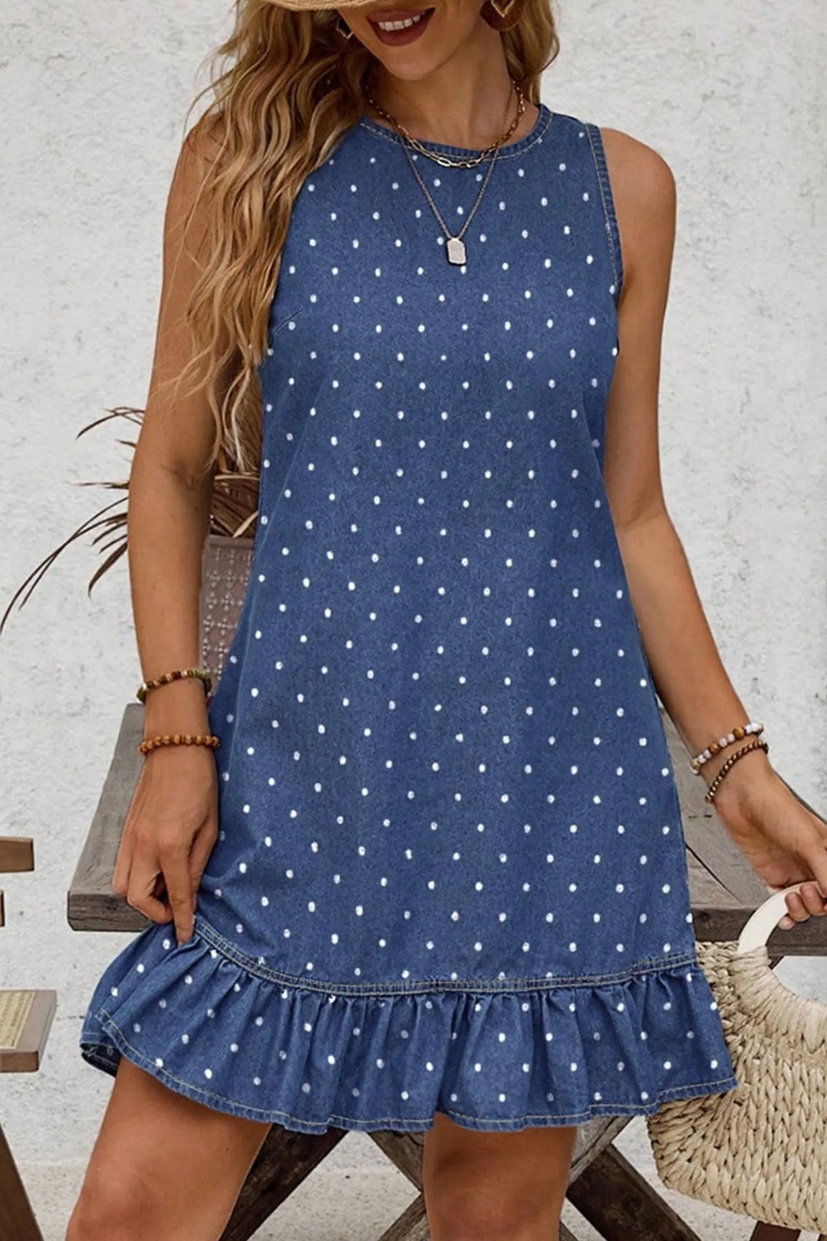 Polka Dot Ruffle Hem Sleeveless Denim Mini Dress – Blue