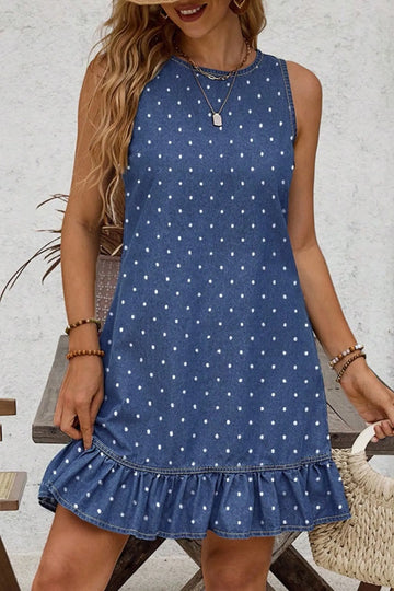 Polka Dot Ruffle Hem Sleeveless Denim Mini Dress – Blue