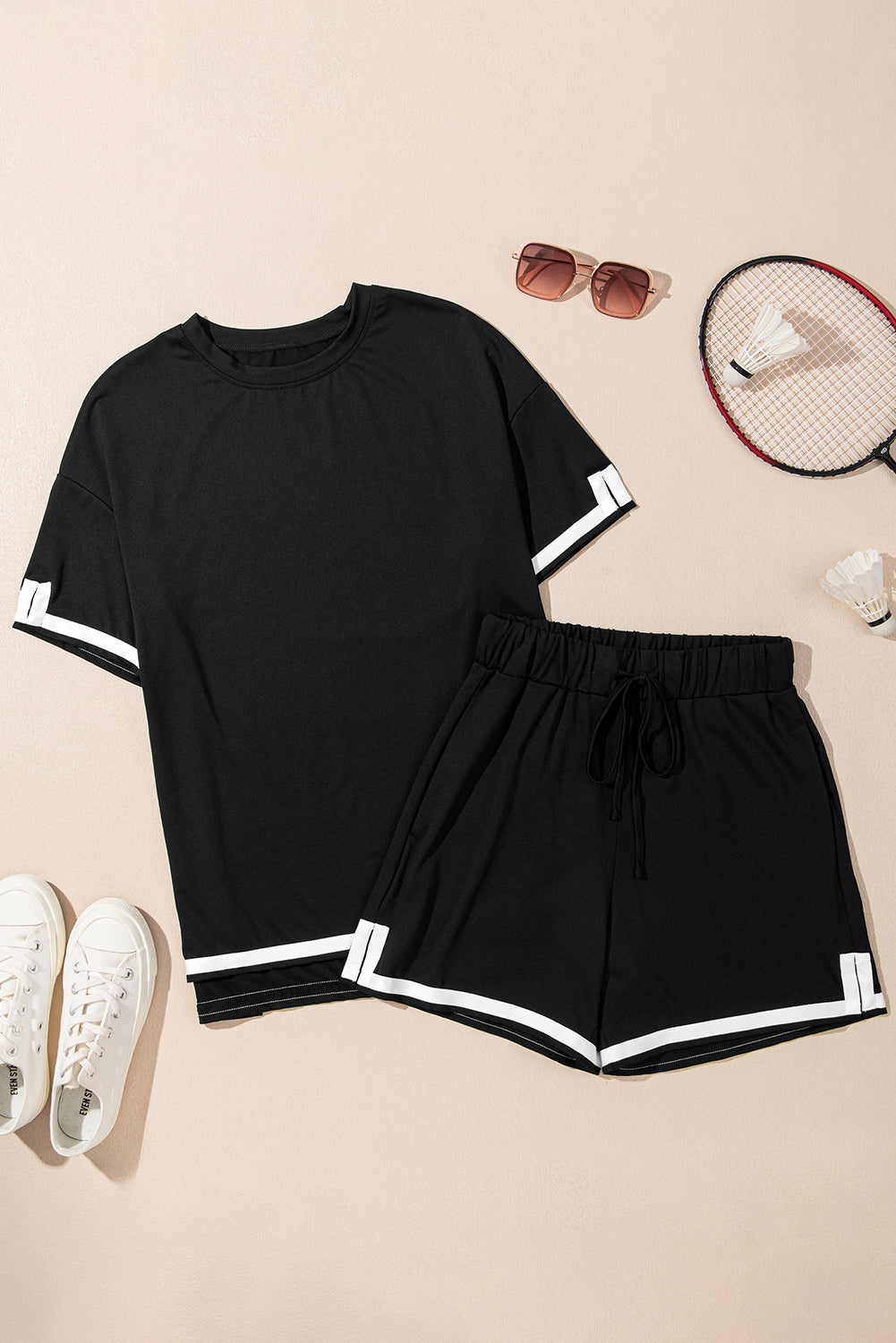 Black Contrast Trim Tee and Shorts Set Co-ord eAura