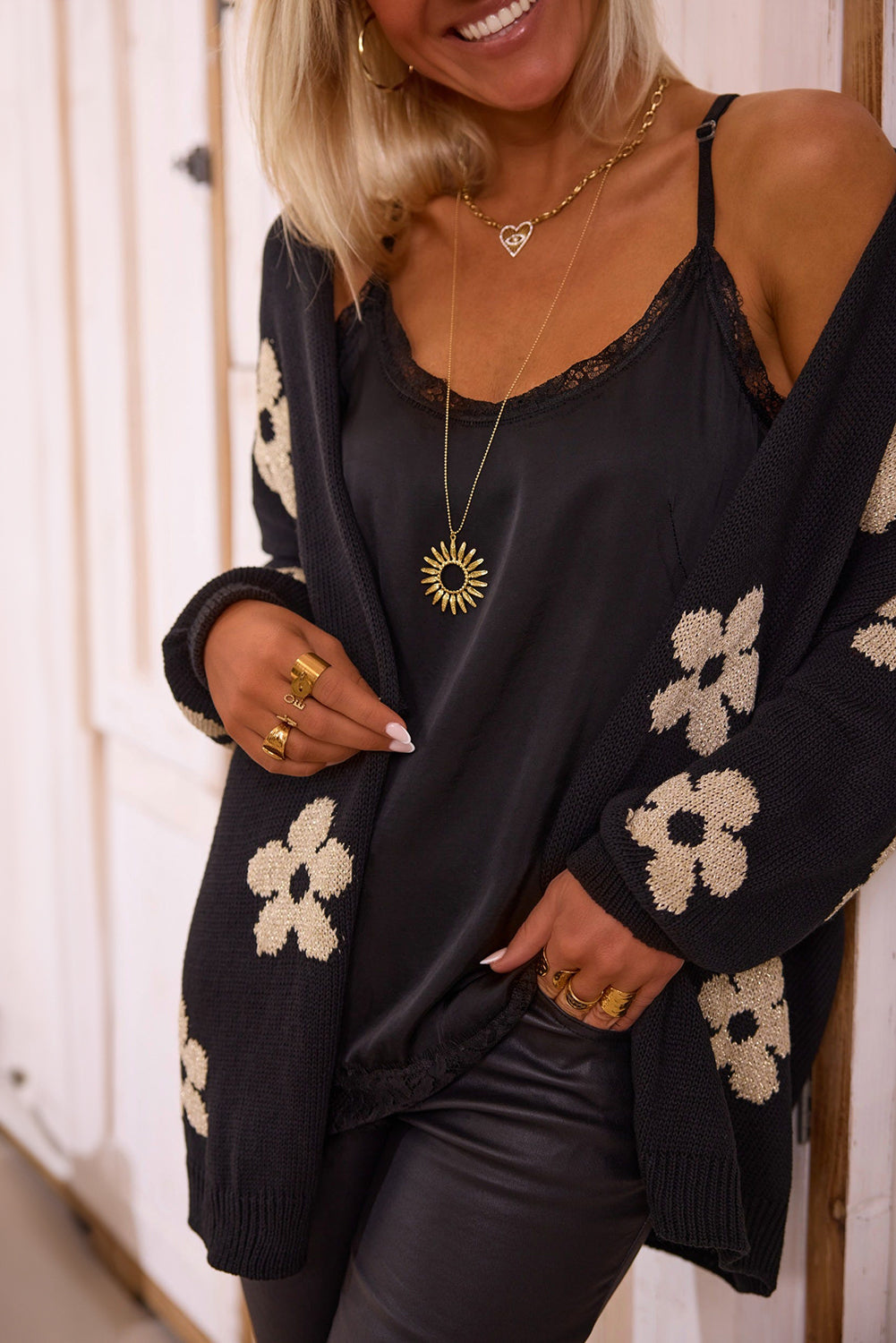 Black Floral Print Knitted Open Front Loose Cardigan eAura