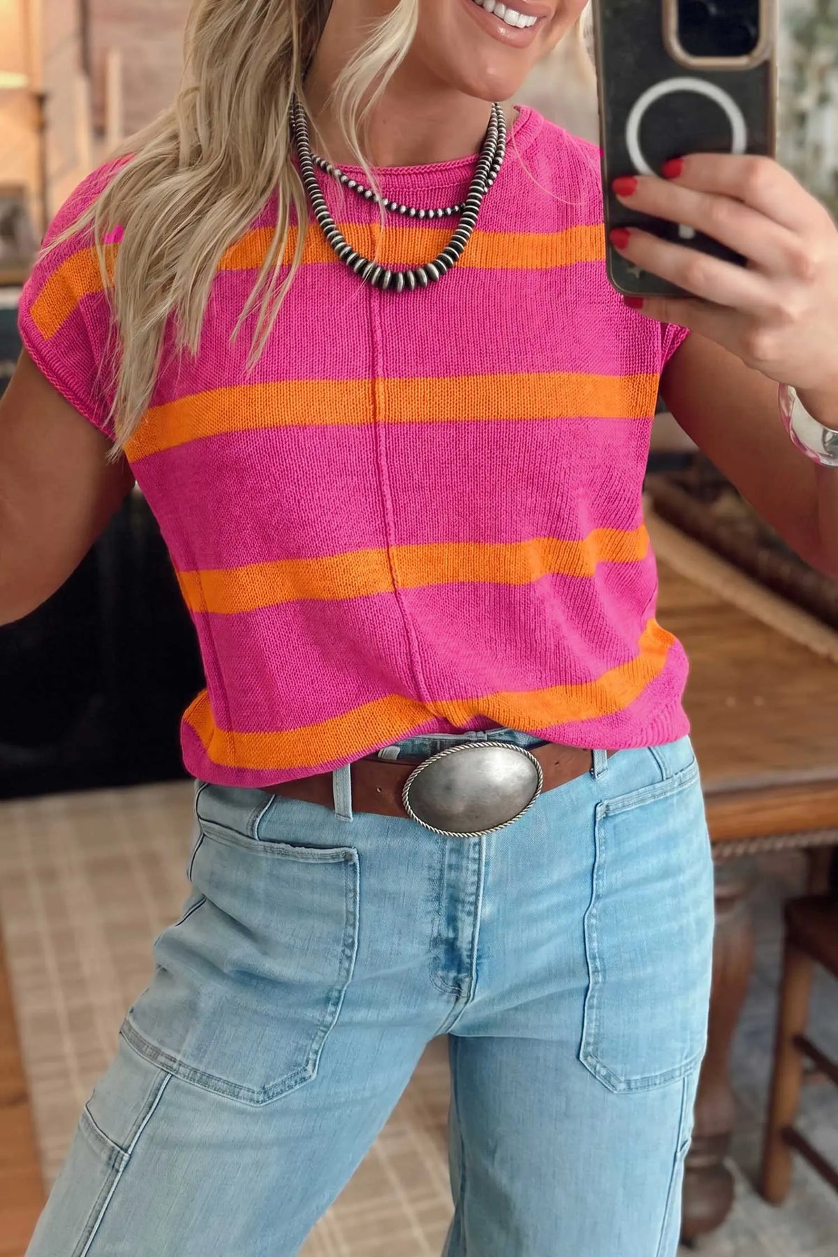 Knit Western Short Sleeve Sweater – Brown Stripe
