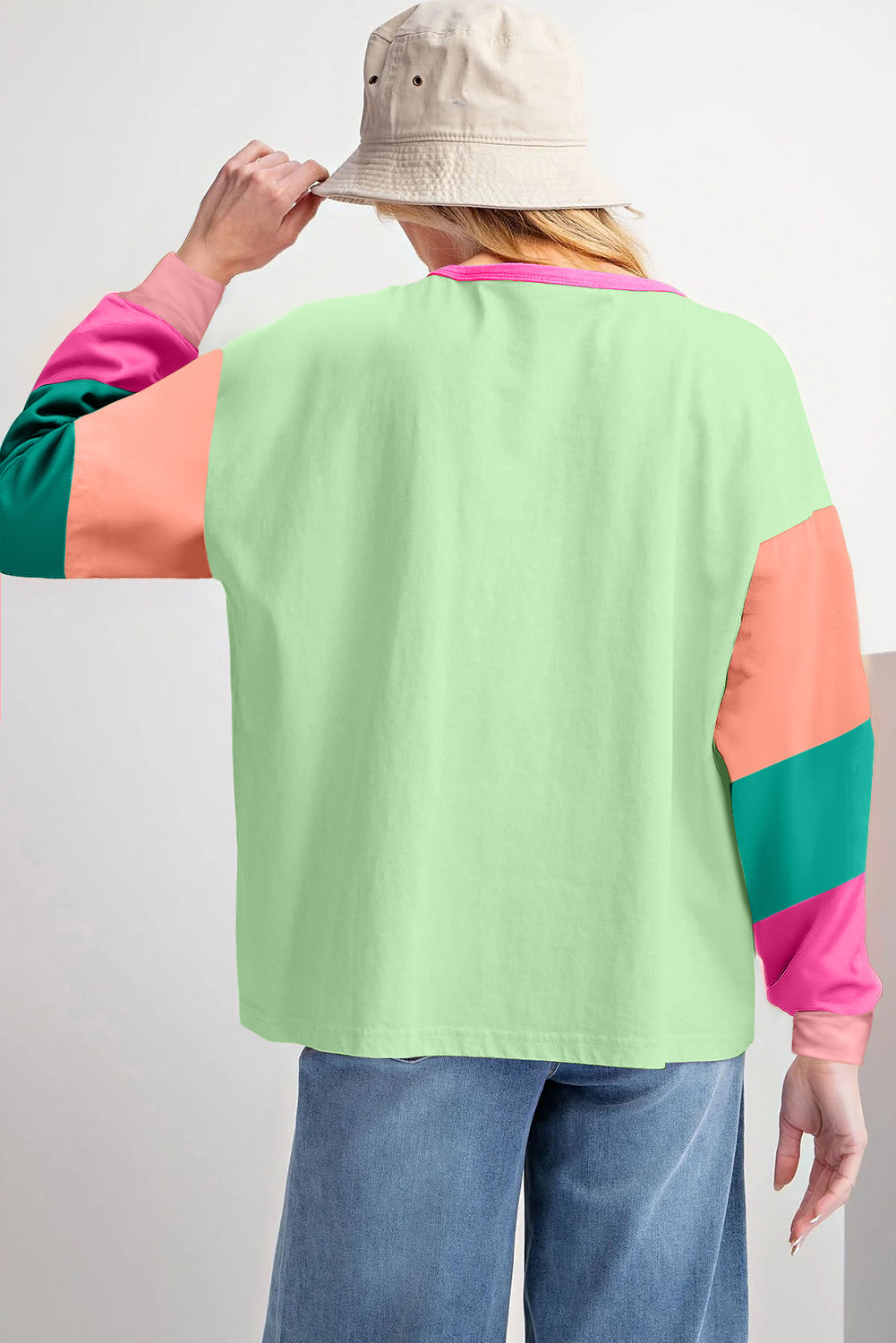 Dark Blue Colourblock Patchwork Long Sleeve Loose Top eAura