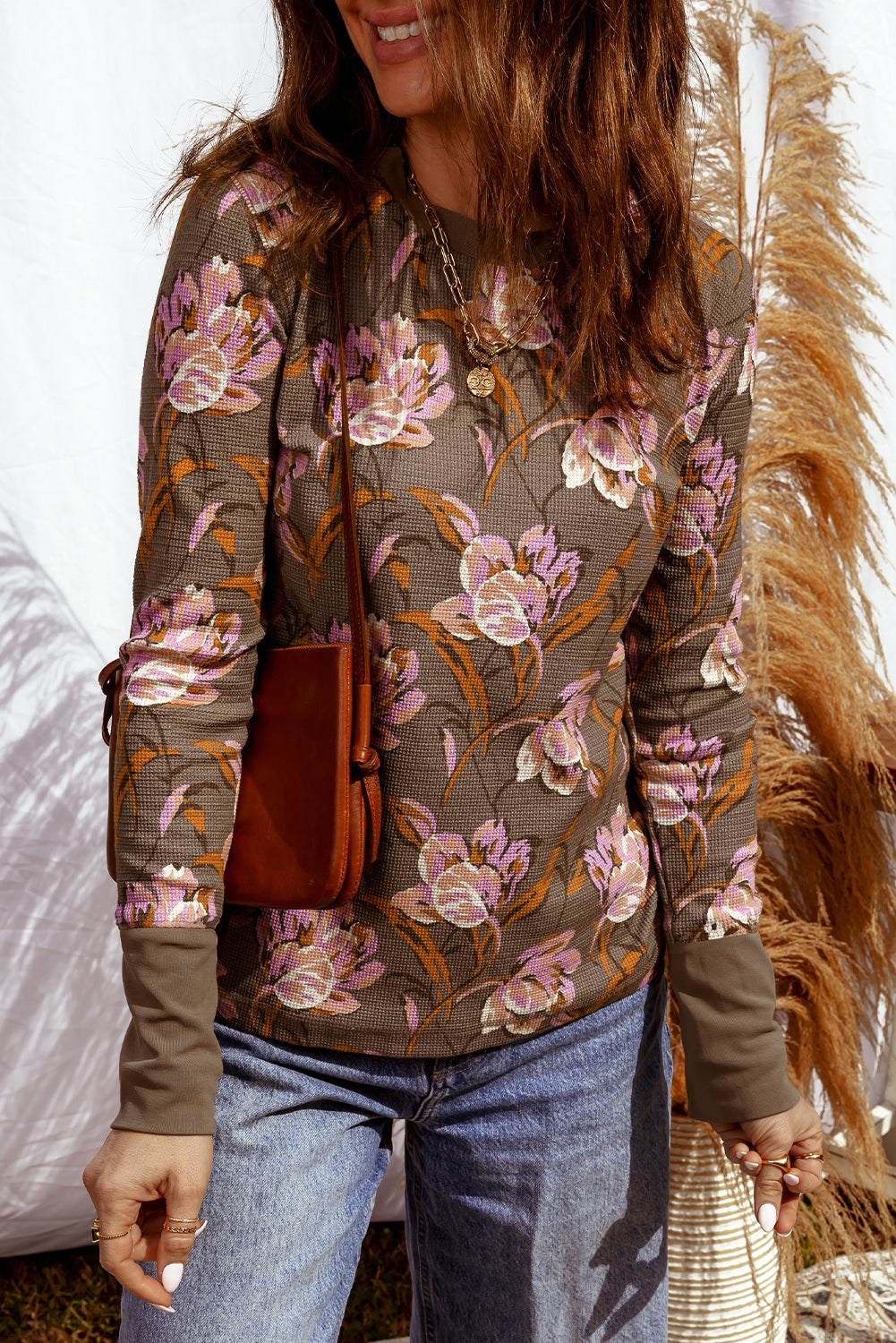 Brown Floral Print Waffle Textured Long Sleeve Top - eAura