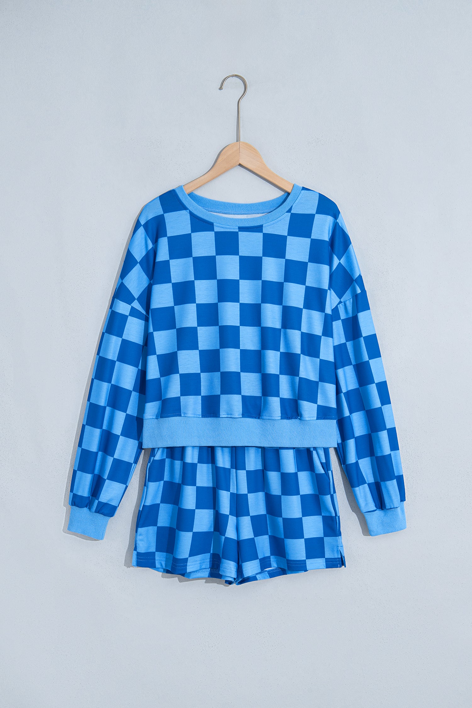 Plaid Checkered Long Sleeve Crop Top Elastic Waist Shorts Two Piece Set – Dark Blue