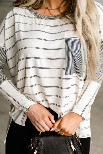 Stripe Patchwork High Low Side Slits Long Sleeve Top eAura