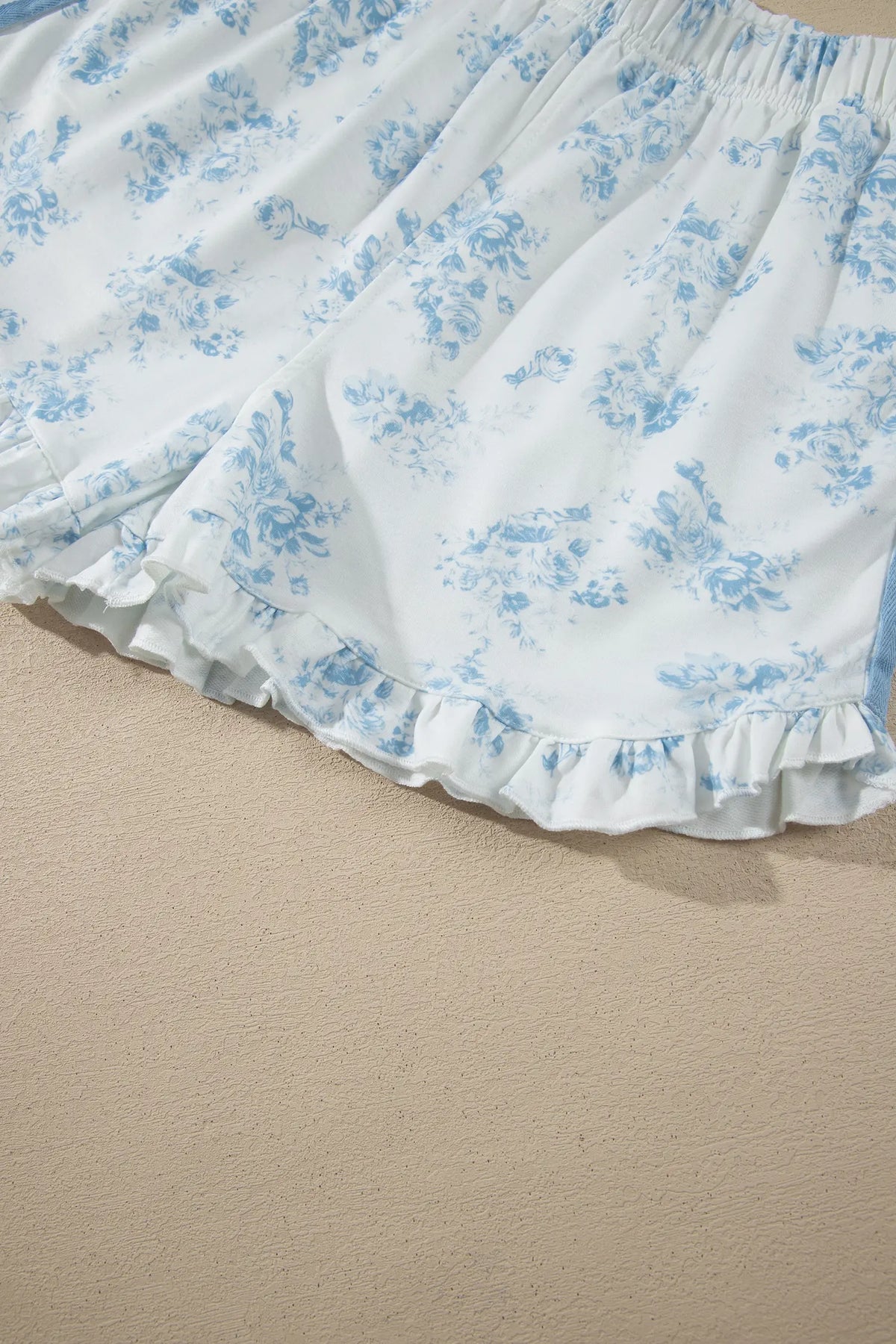 Sky Blue Floral Print Striped Detail Long Sleeve Top Ruffle Hem Shorts 2pcs Set – Light Blue