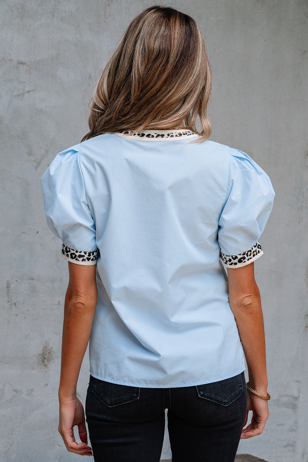 Beau Blue Contrast Leopard Trim Split Neck Puff Sleeve Blouse eAura