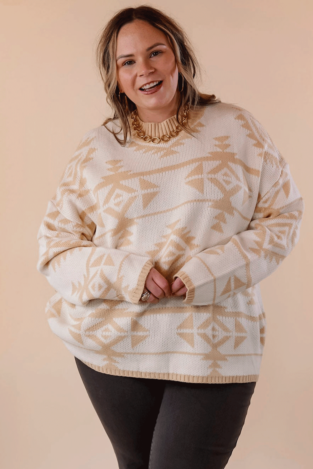 Apricot Plus Size Western Aztec Print Loose Sweater Beagle Boutique Fashion Outlet
