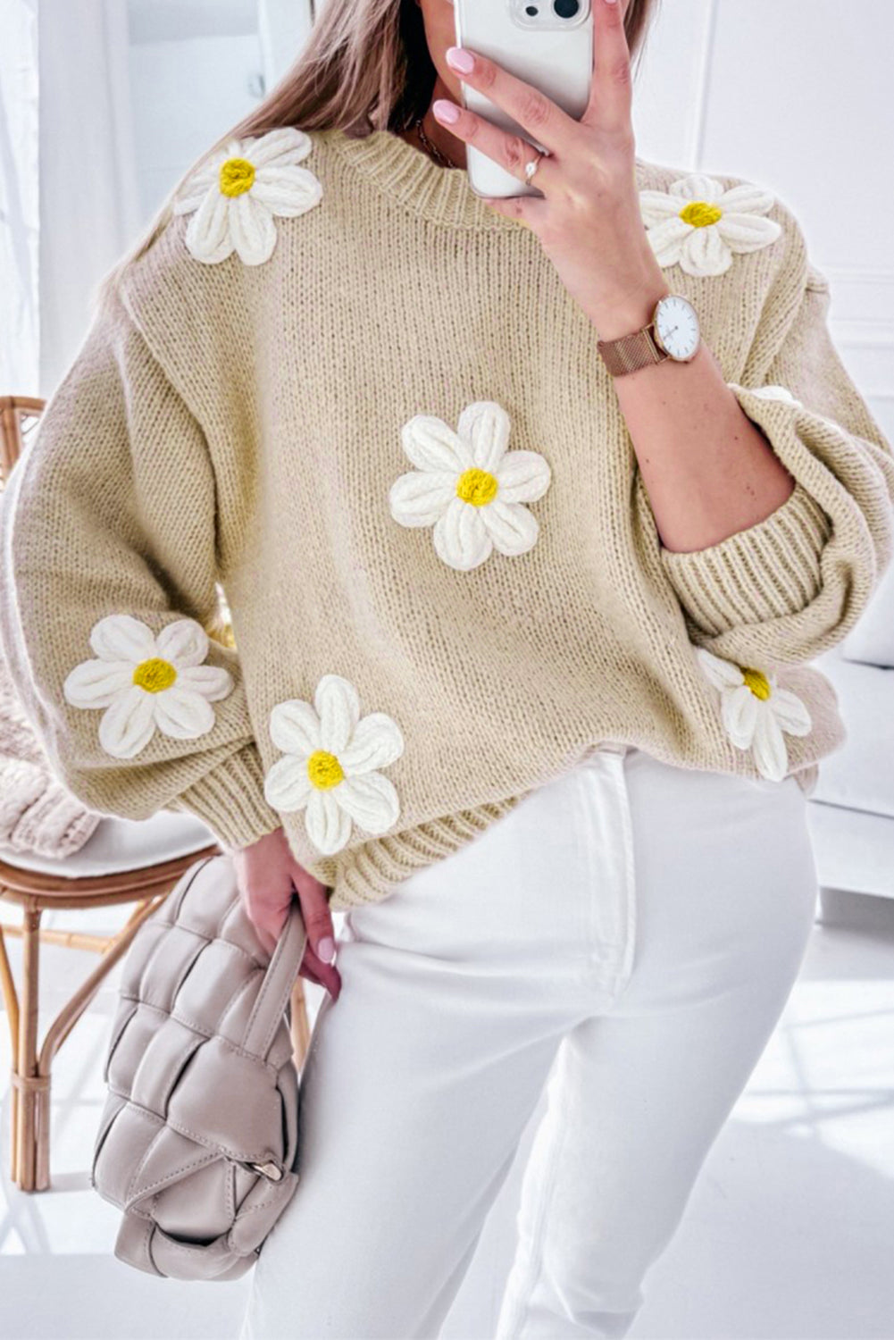 White Floral Crochet Chunky Knit Sweater eAura
