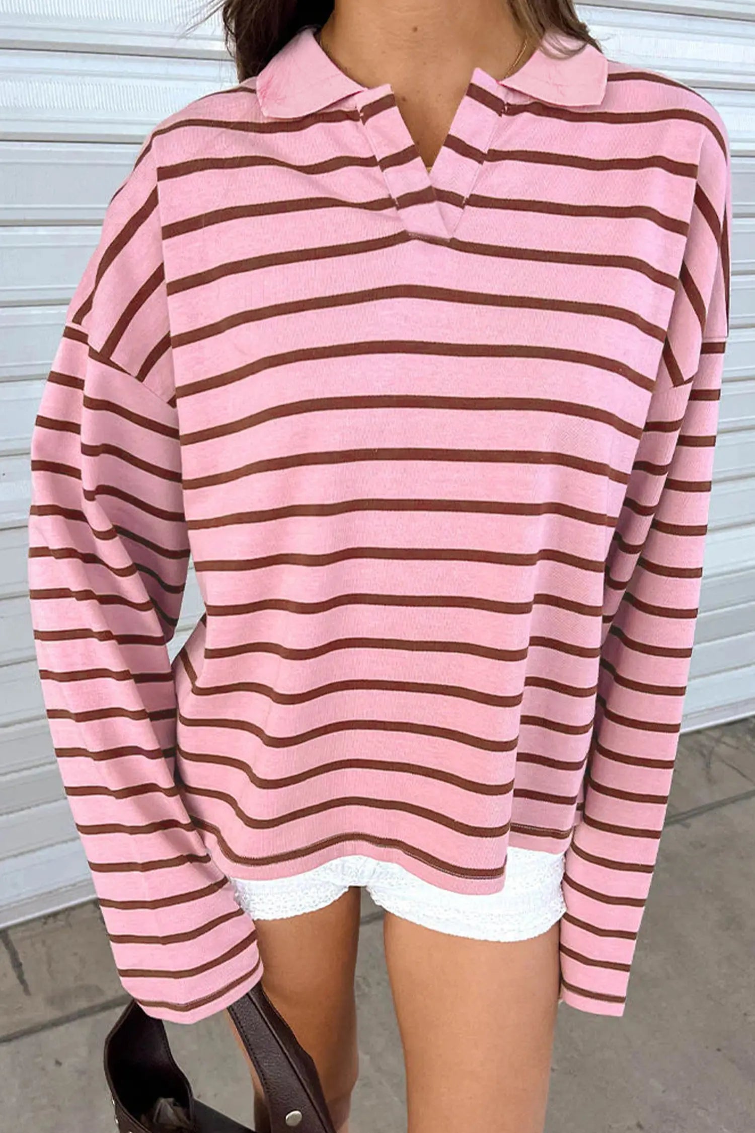 Striped Long Sleeve Collar Shift Top – Pink Stripe