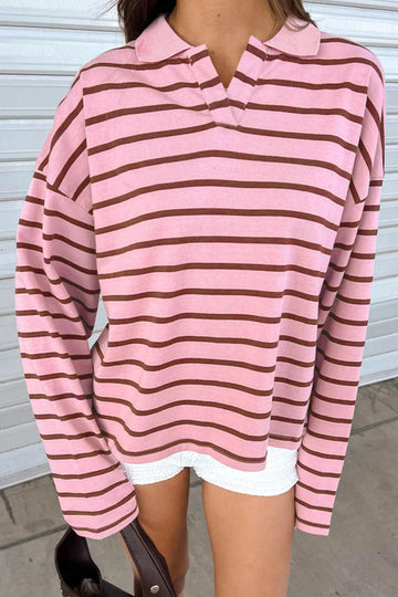 Striped Long Sleeve Collar Shift Top – Pink Stripe