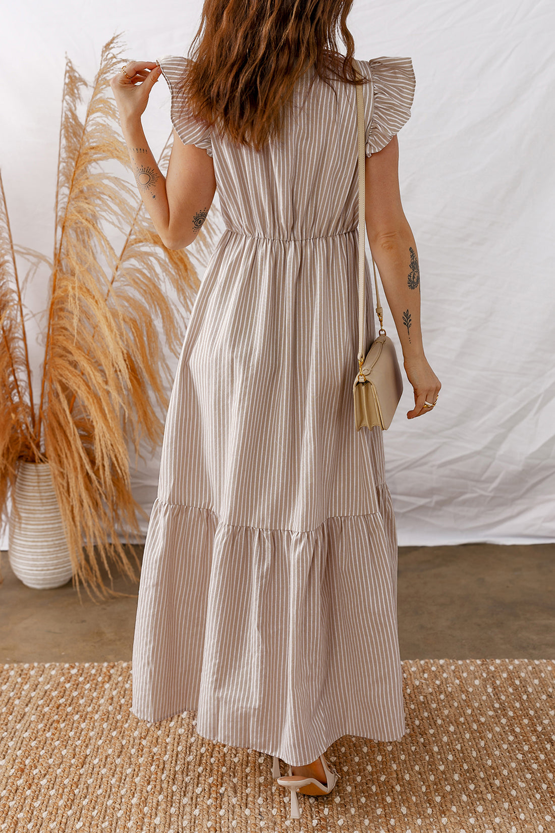 Khaki Stripe Flutter Sleeve Buttoned Front Slit Maxi Dress