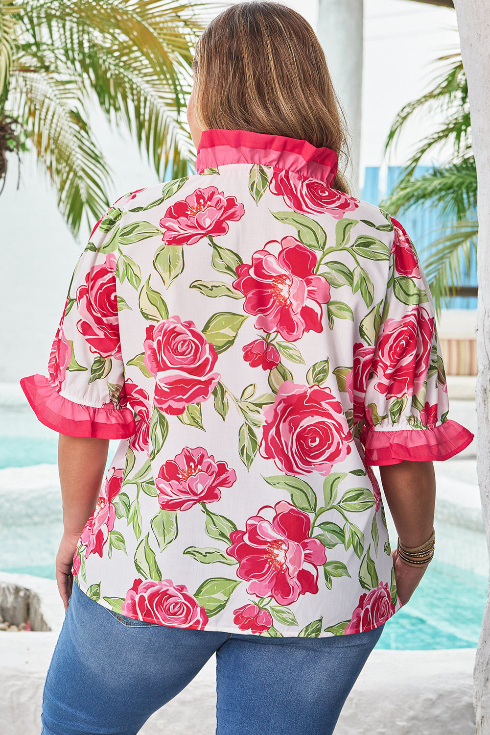 Plus Size Floral Print Frilled Stripe Short Sleeve Blouse – Rose
