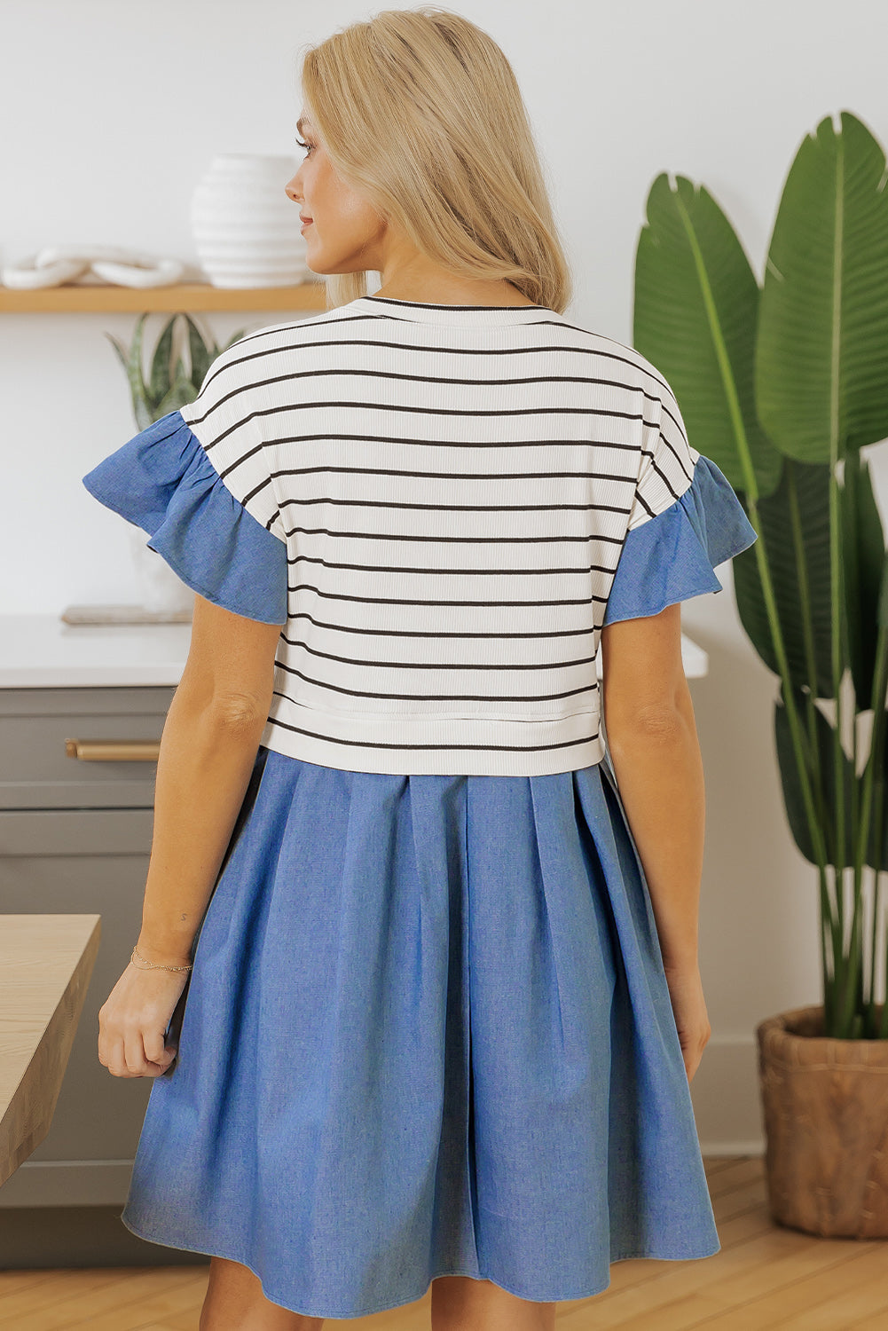 Black Stripe Ruffle Denim Patchwork Round Neck Mini Dress eAura