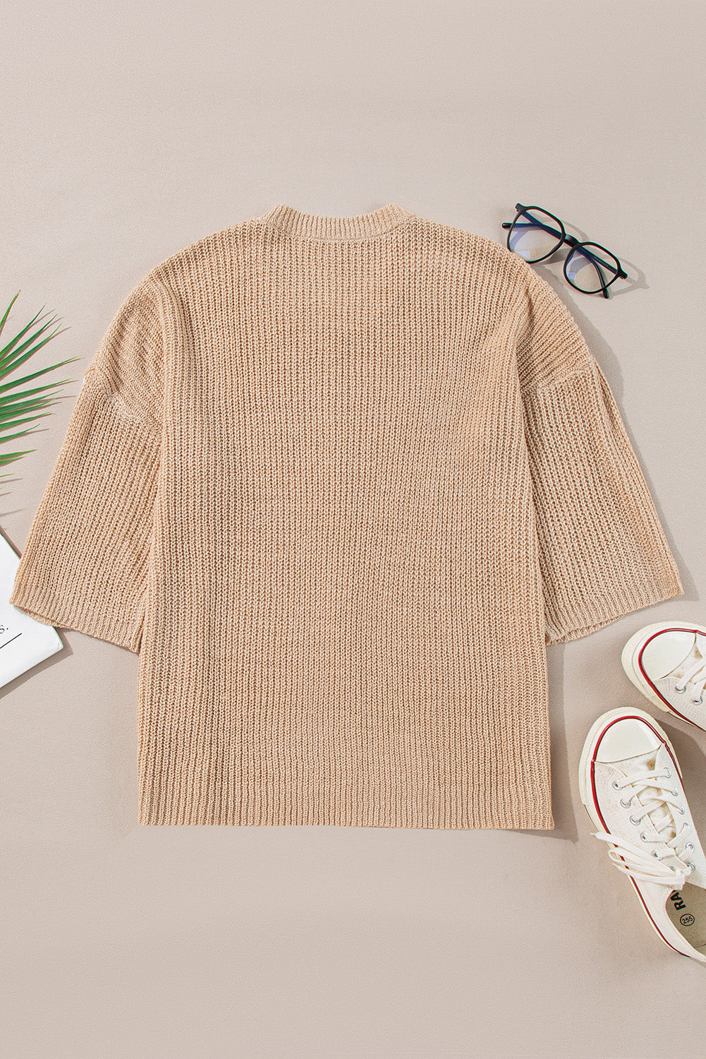 Light French Beige Contrast Striped 3/4 Sleeve Crew Neck Sweater eAura